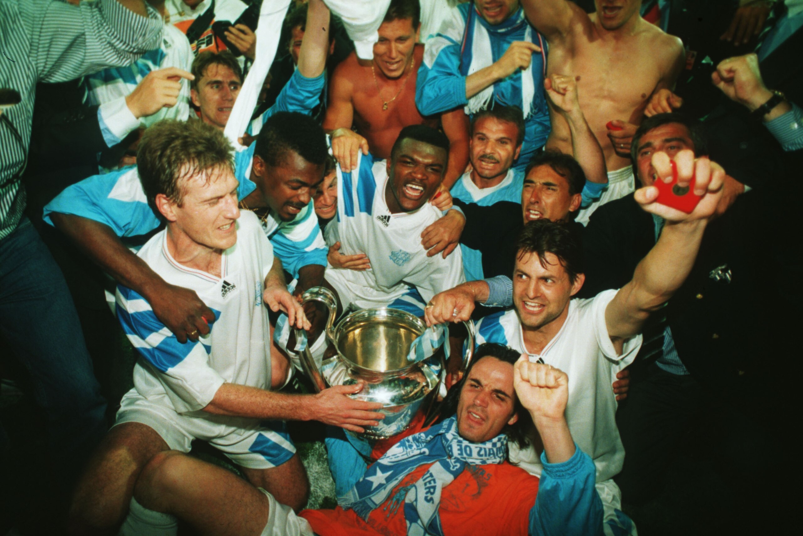 May 1993:  Marseille players celebrate after their victory over AC Milan in the European Cup Final played at the Olympic Stadium, Munich. Marseille won the match 1-0. Mandatory Credit: Allsport UK/Getty Images