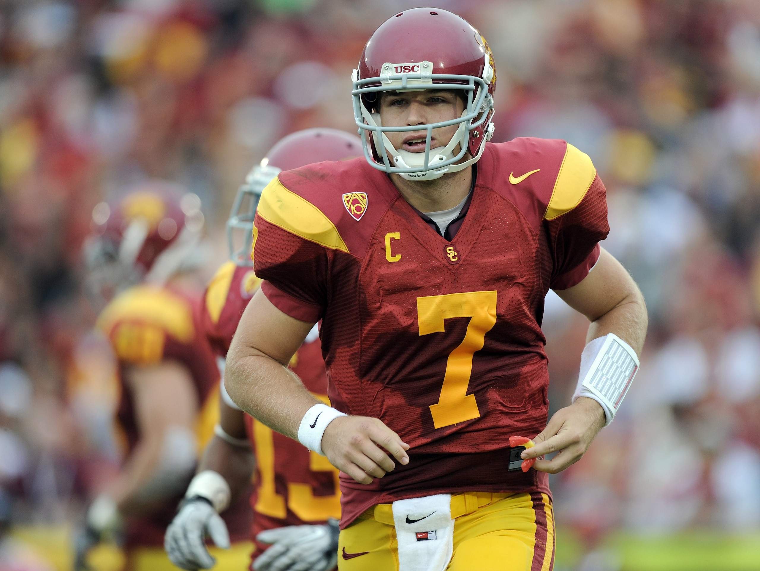 LOS ANGELES, CA - OCTOBER 16:  Matt Barkley #7 of the USC Trojans lines up as a receiver during the game against the California Golden Bears at Los Angeles Memorial Coliseum on October 16, 2010 in Los Angeles, California.  (Photo by Harry How/Getty Images