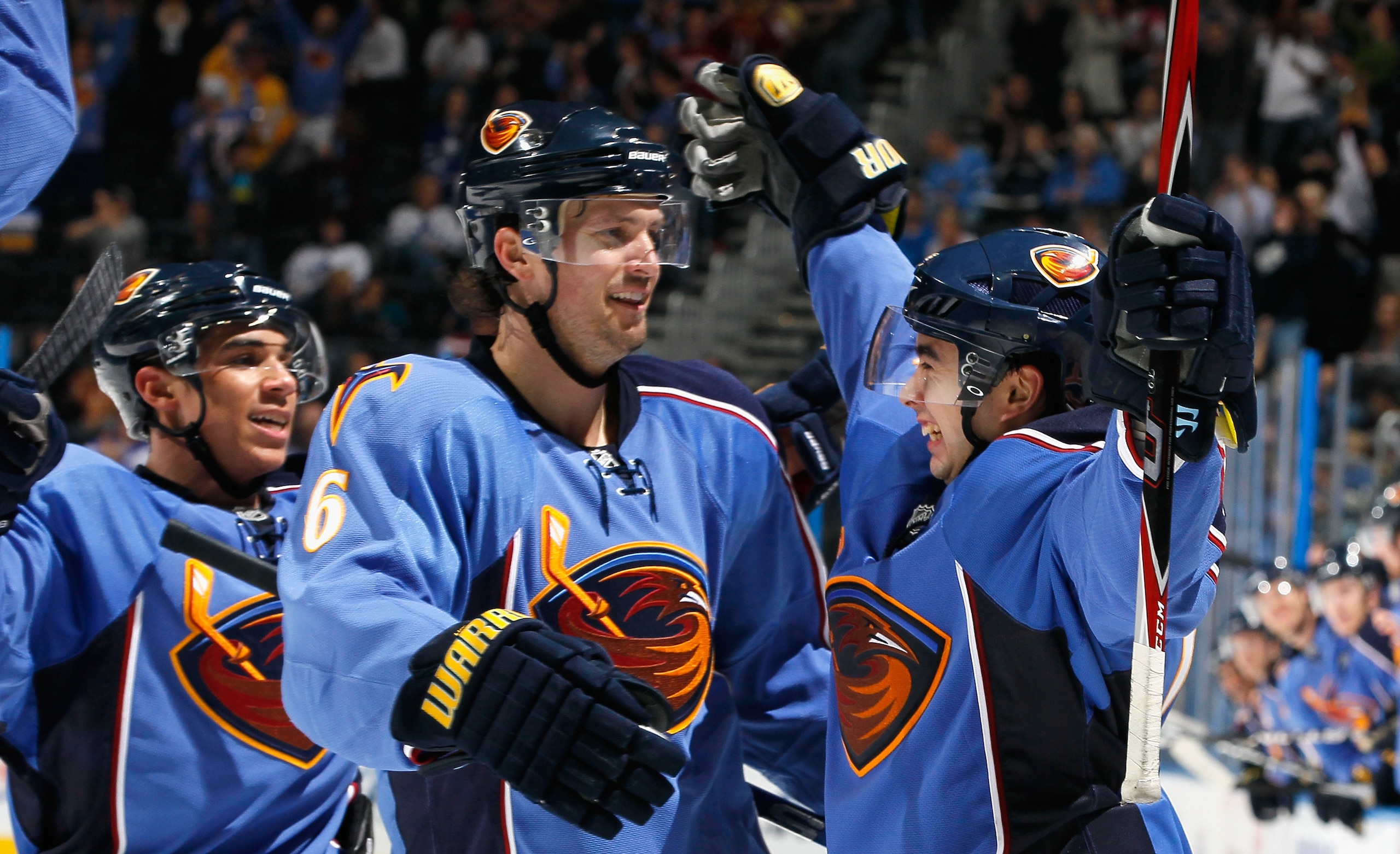 ATLANTA, GA - FEBRUARY 27: Tim Stapleton #14 of the Atlanta Thrashers celebrates his goal against the Toronto Maple Leafs with Ron Hainsey #6 and Evander Kane #9 at Philips Arena on February 27, 2011 in Atlanta, Georgia. (Photo by Kevin C. Cox/Getty Ima ATLANTA, GA - FEBRUARY 27: Tim Stapleton #14 of the Atlanta Thrashers celebrates his goal against the Toronto Maple Leafs with Ron Hainsey #6 and Evander Kane #9 at Philips Arena on February 27, 2011 in Atlanta, Georgia. (Photo by Kevin C. Cox/Getty Ima