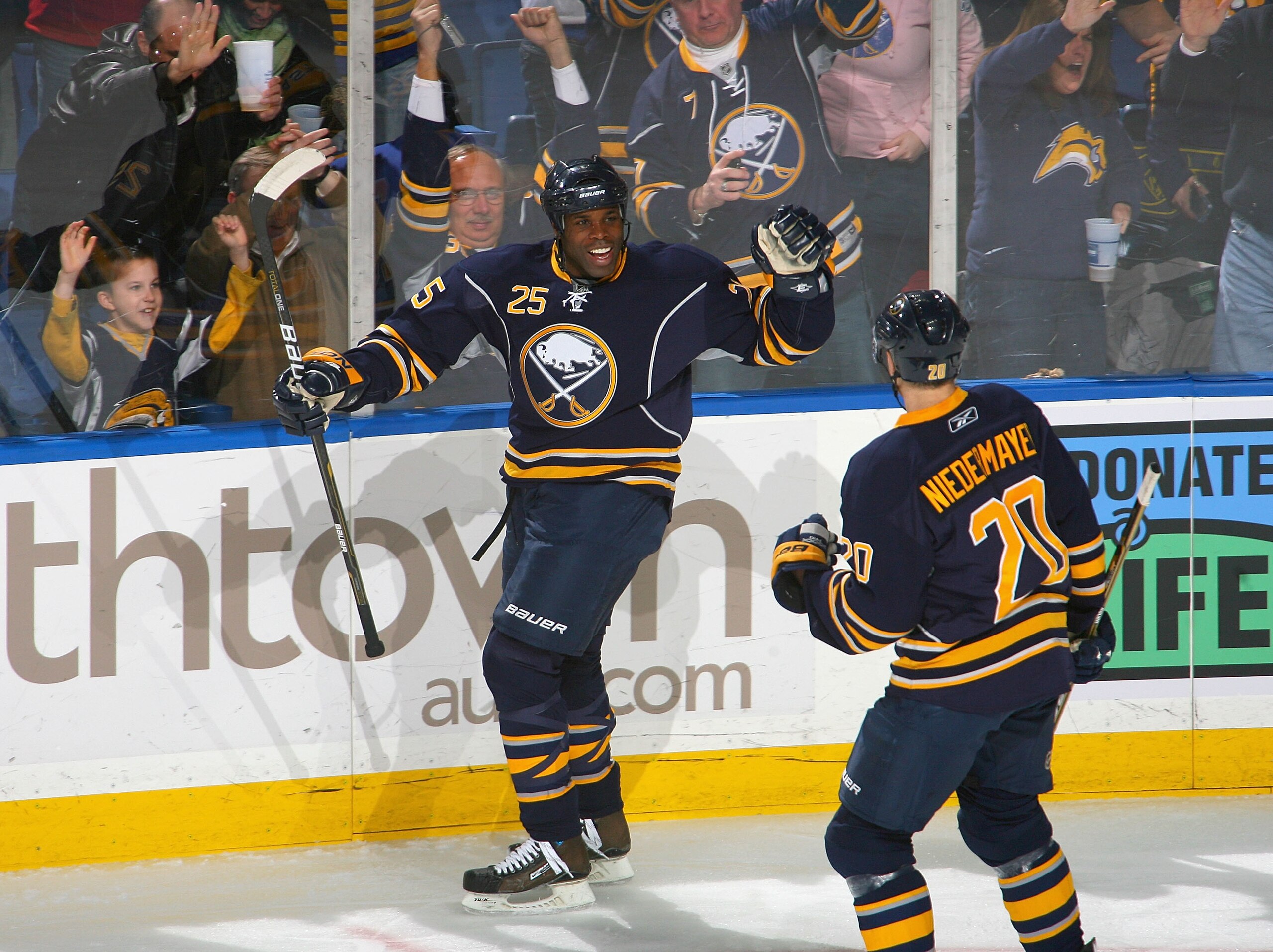 BUFFALO, NY - FEBRUARY 25: Michael Grier #25 and Rob Niedermayer #20 of the Buffalo Sabres celebrate Grier's goal in the first period against the Ottawa Senators at HSBC Arena on February 25, 2011 in Buffalo, New York. (Photo by Rick Stewart/Getty Image BUFFALO, NY - FEBRUARY 25: Michael Grier #25 and Rob Niedermayer #20 of the Buffalo Sabres celebrate Grier's goal in the first period against the Ottawa Senators at HSBC Arena on February 25, 2011 in Buffalo, New York. (Photo by Rick Stewart/Getty Image