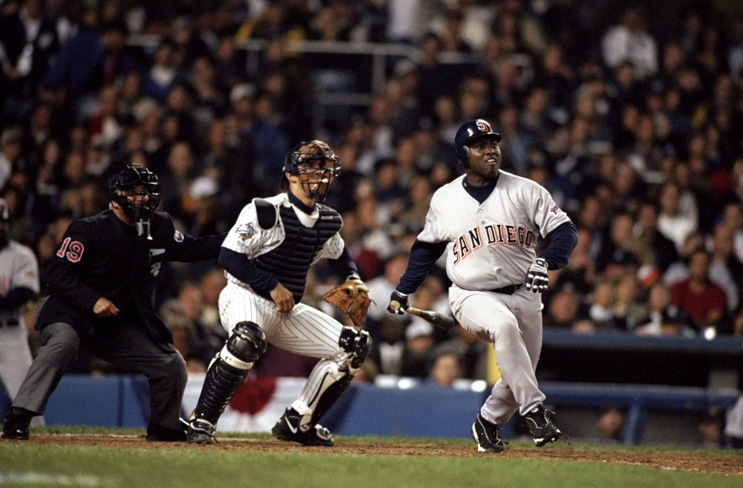 17 Oct 1998:  Outfielder Tony Gwynn #19 of the San Diego Padres in action during during the 1998 World Series Game 1 against the New York Yankees at the Yankee Stadium in the Bronx, New York. The Yankees defeated the Padres 9-6. Mandatory Credit: Al Bello