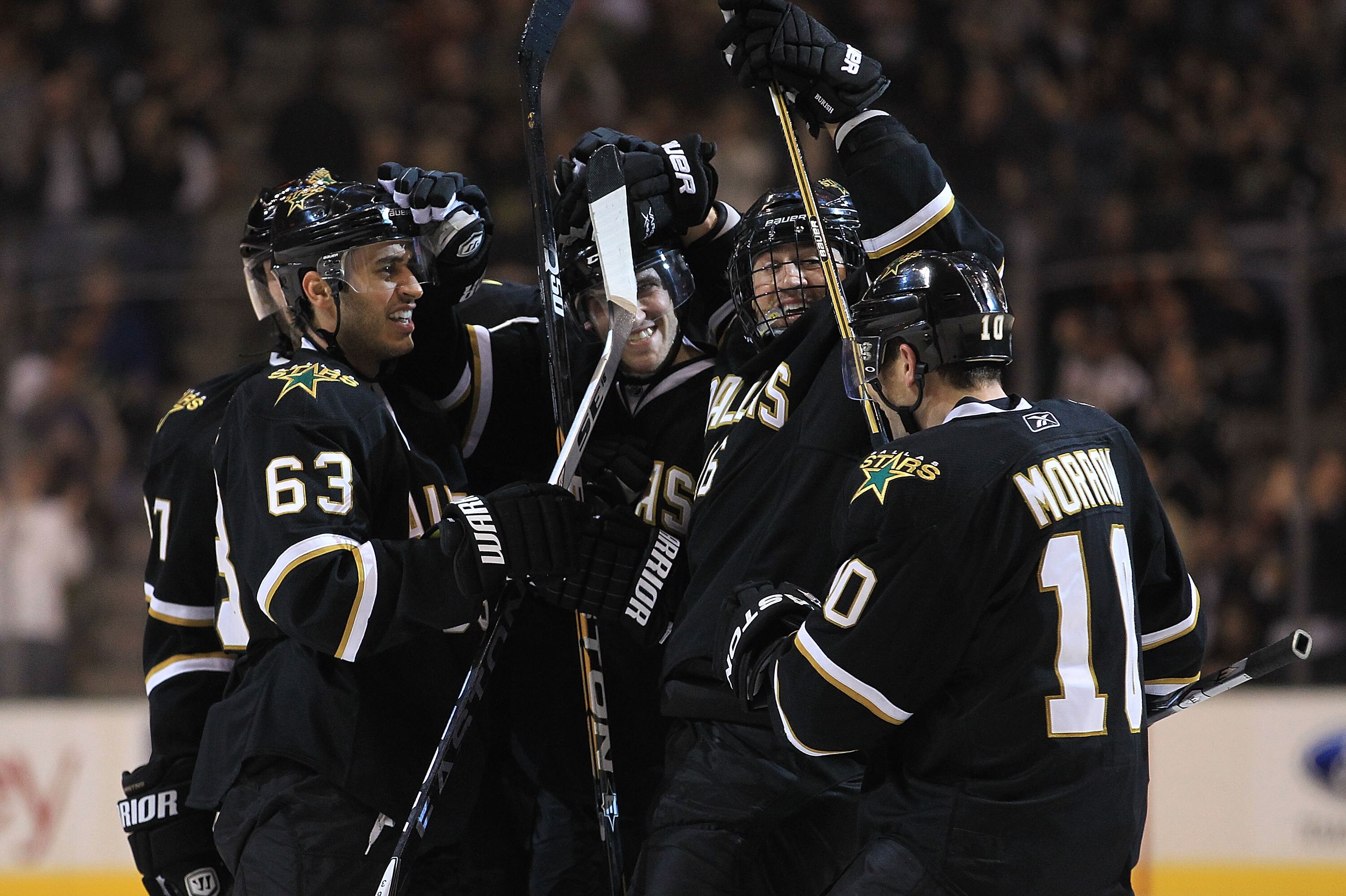 DALLAS, TX - FEBRUARY 26:  The Dallas Stars celebrate a goal by Alex Goligoski #33 against the Nashville Predators at American Airlines Center on February 26, 2011 in Dallas, Texas.  (Photo by Ronald Martinez/Getty Images)