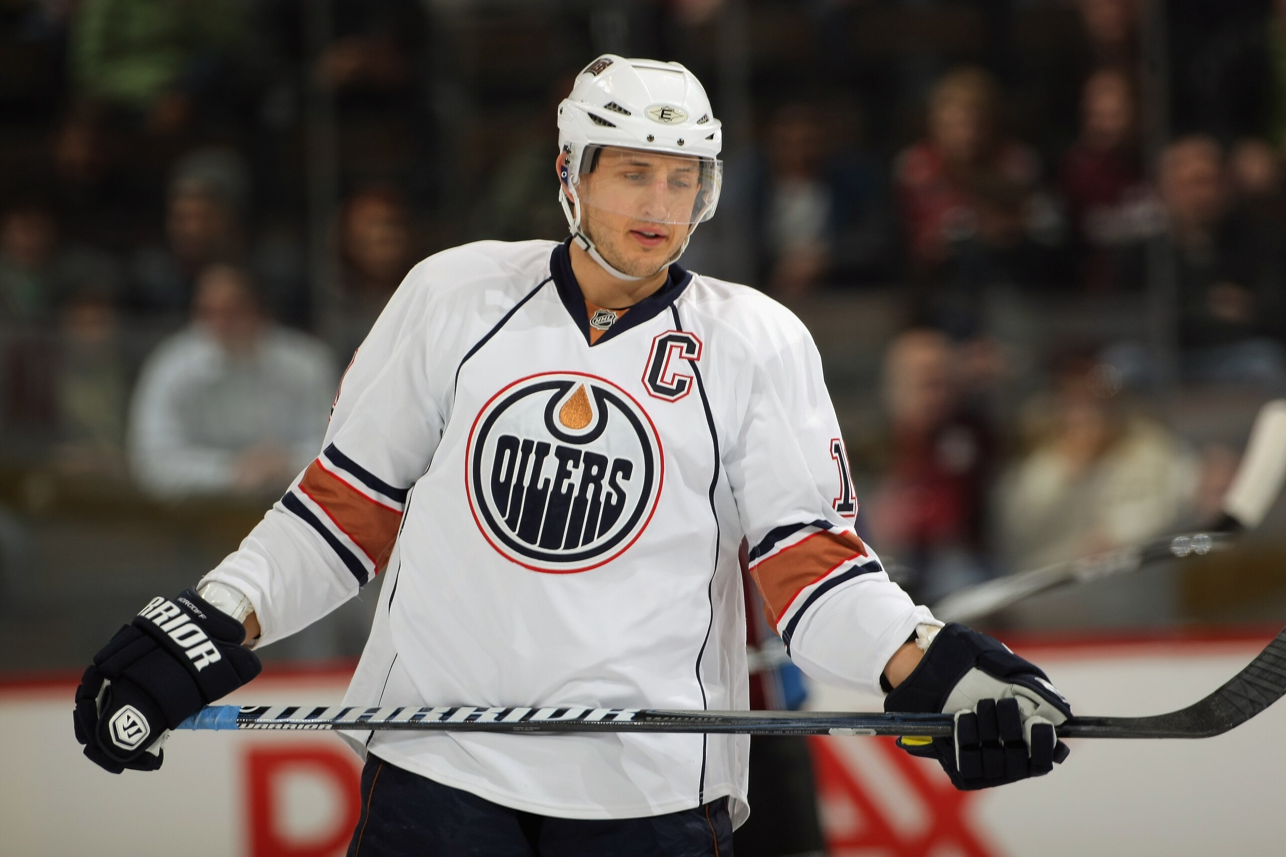 DENVER, CO - FEBRUARY 23: Shawn Horcoff #10 of the Edmonton Oilers looks on as he skates against the Colorado Avalanche at the Pepsi Center on February 23, 2011 in Denver, Colorado. Elliott collected the loss as the Oilers defeated the Avlanche 5-1. (Ph DENVER, CO - FEBRUARY 23: Shawn Horcoff #10 of the Edmonton Oilers looks on as he skates against the Colorado Avalanche at the Pepsi Center on February 23, 2011 in Denver, Colorado. Elliott collected the loss as the Oilers defeated the Avlanche 5-1. (Ph