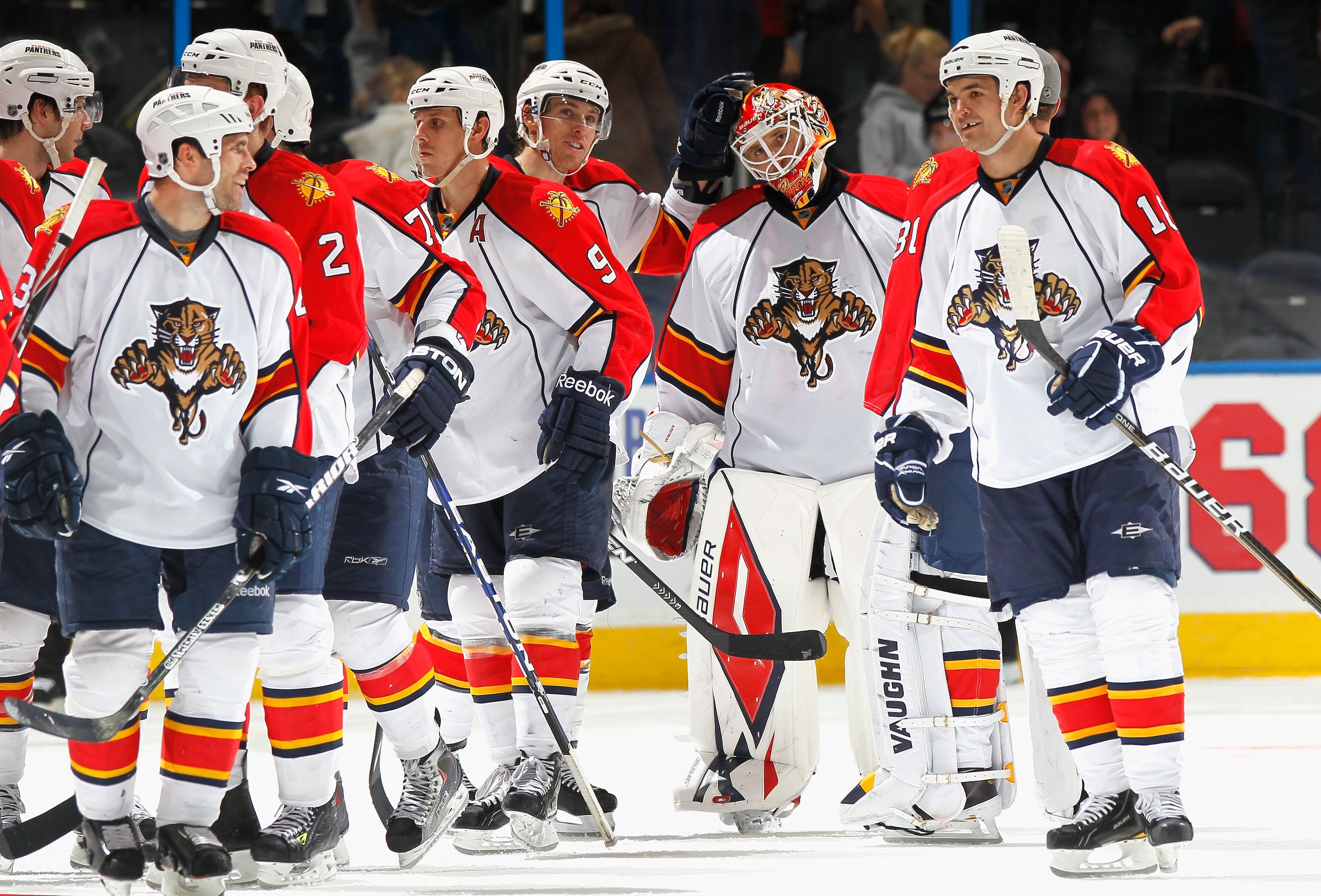ATLANTA, GA - FEBRUARY 25: Goaltender Tomas Vokoun #29 and teammates of the Florida Panthers celebrate their 2-1 win in a shootout over the Atlanta Thrashers at Philips Arena on February 25, 2011 in Atlanta, Georgia. (Photo by Kevin C. Cox/Getty Images) ATLANTA, GA - FEBRUARY 25: Goaltender Tomas Vokoun #29 and teammates of the Florida Panthers celebrate their 2-1 win in a shootout over the Atlanta Thrashers at Philips Arena on February 25, 2011 in Atlanta, Georgia. (Photo by Kevin C. Cox/Getty Images)