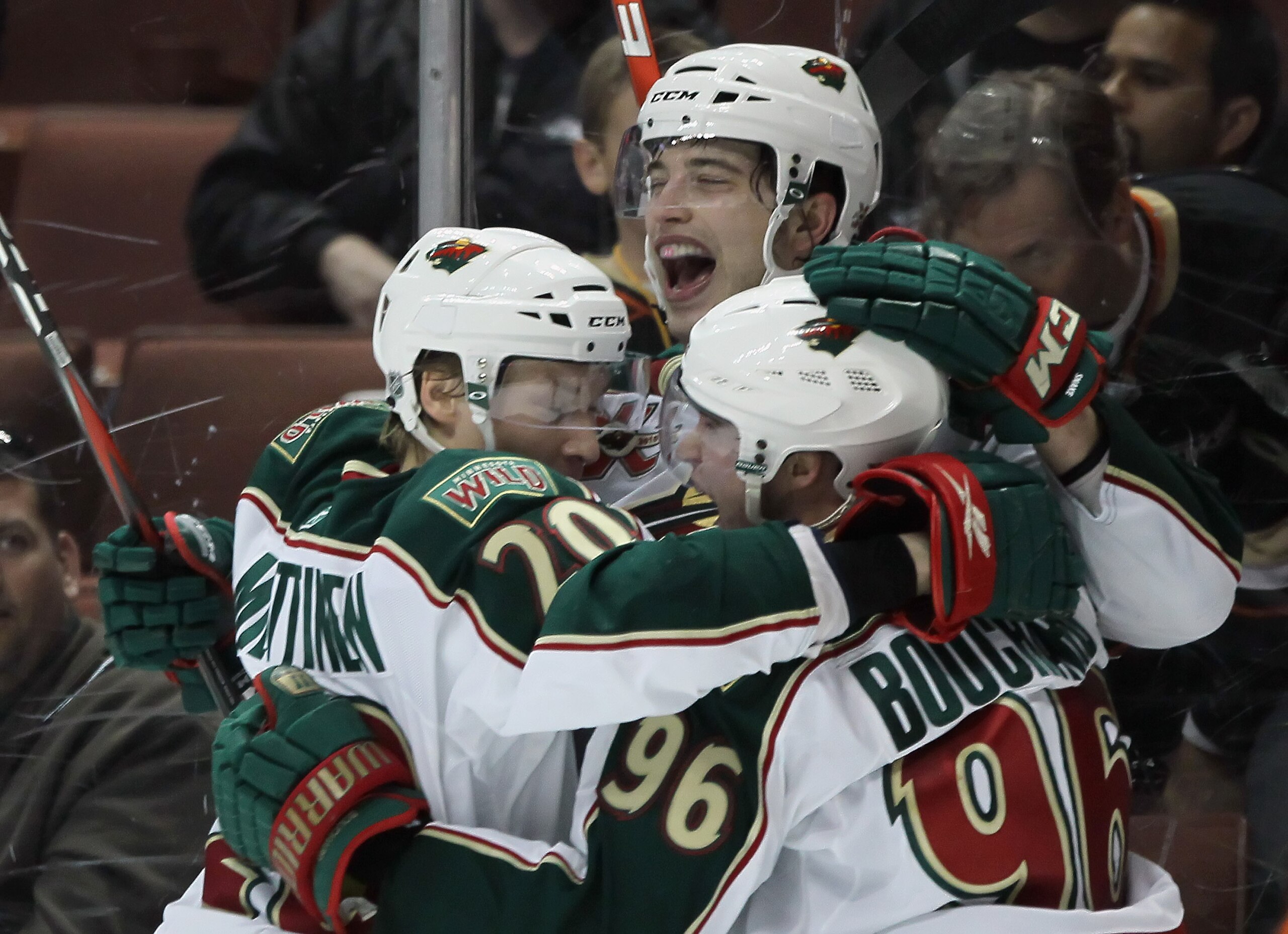 ANAHEIM, CA - FEBRUARY 25: (L-R) Antti Miettinen #20, Brent Burns #8 and Pierre-Marc Bouchard #96 of the Minnesota Wild celebrate Bouchard's game winning goal in overtime against the Anaheim Ducks at Honda Center on February 25, 2011 in Anaheim, Californ ANAHEIM, CA - FEBRUARY 25: (L-R) Antti Miettinen #20, Brent Burns #8 and Pierre-Marc Bouchard #96 of the Minnesota Wild celebrate Bouchard's game winning goal in overtime against the Anaheim Ducks at Honda Center on February 25, 2011 in Anaheim, Californ
