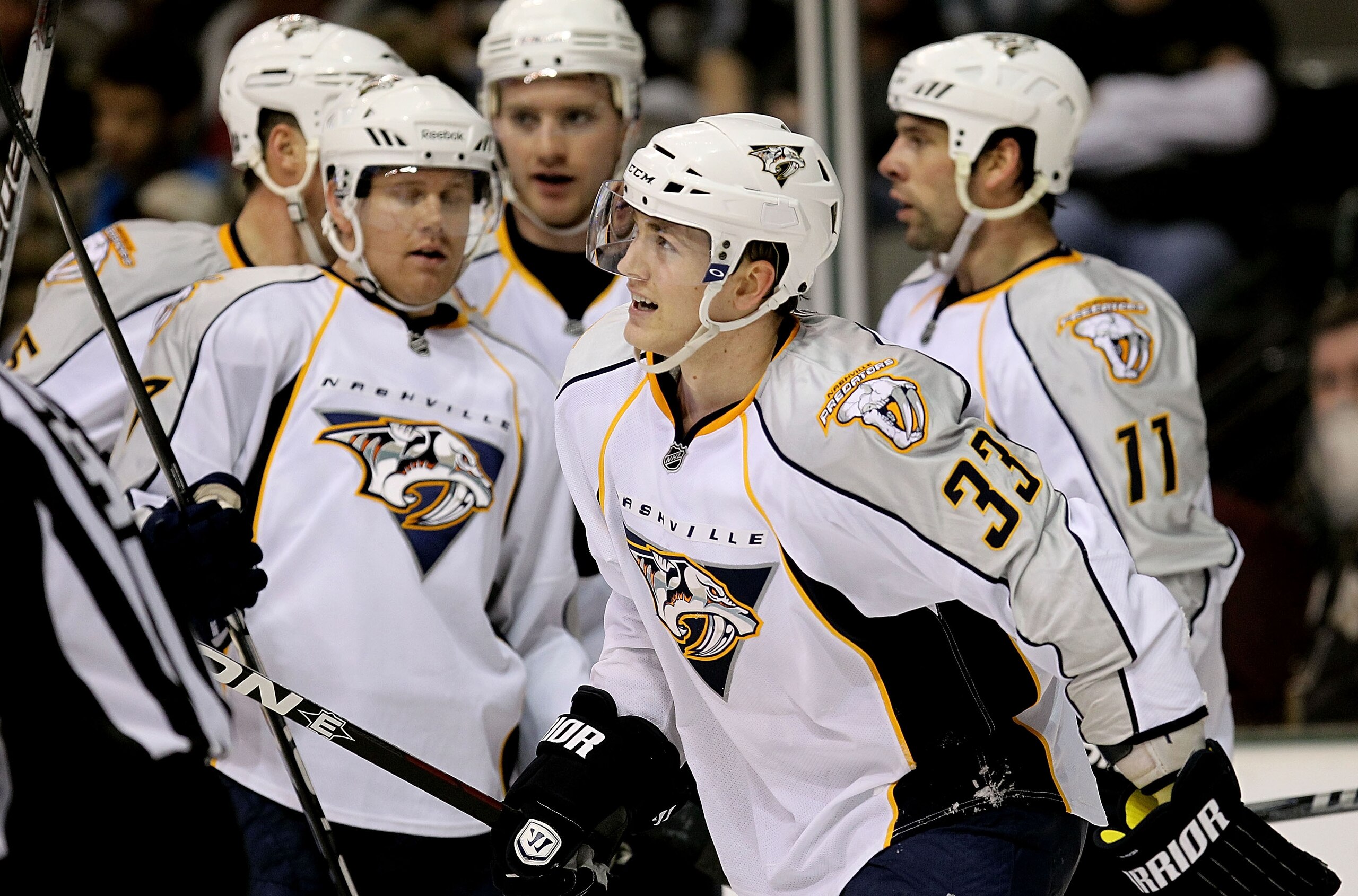 DALLAS, TX - FEBRUARY 26: Center Colin Wilson #33 of the Nashville Predators celebrates a goal against the Dallas Stars at American Airlines Center on February 26, 2011 in Dallas, Texas. (Photo by Ronald Martinez/Getty Images) DALLAS, TX - FEBRUARY 26: Center Colin Wilson #33 of the Nashville Predators celebrates a goal against the Dallas Stars at American Airlines Center on February 26, 2011 in Dallas, Texas. (Photo by Ronald Martinez/Getty Images)