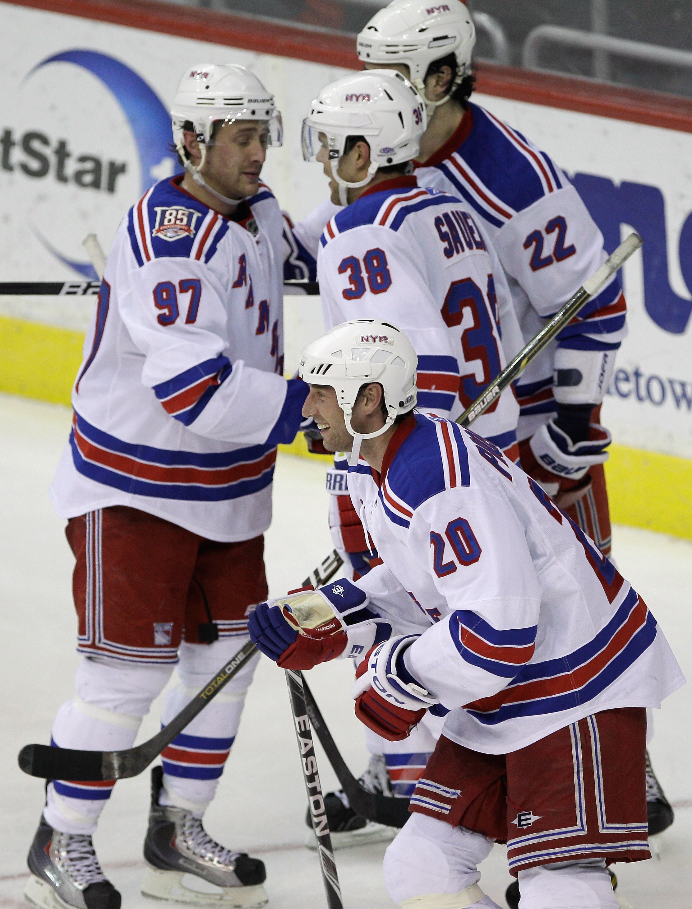 WASHINGTON, DC - FEBRUARY 25:  Vinny Prospal #20 of the New York Rangers celebrates after scoring a goal during the third period against the Washington Capitals at the Verizon Center on February 25, 2011 in Washington, DC.  (Photo by Rob Carr/Getty Images