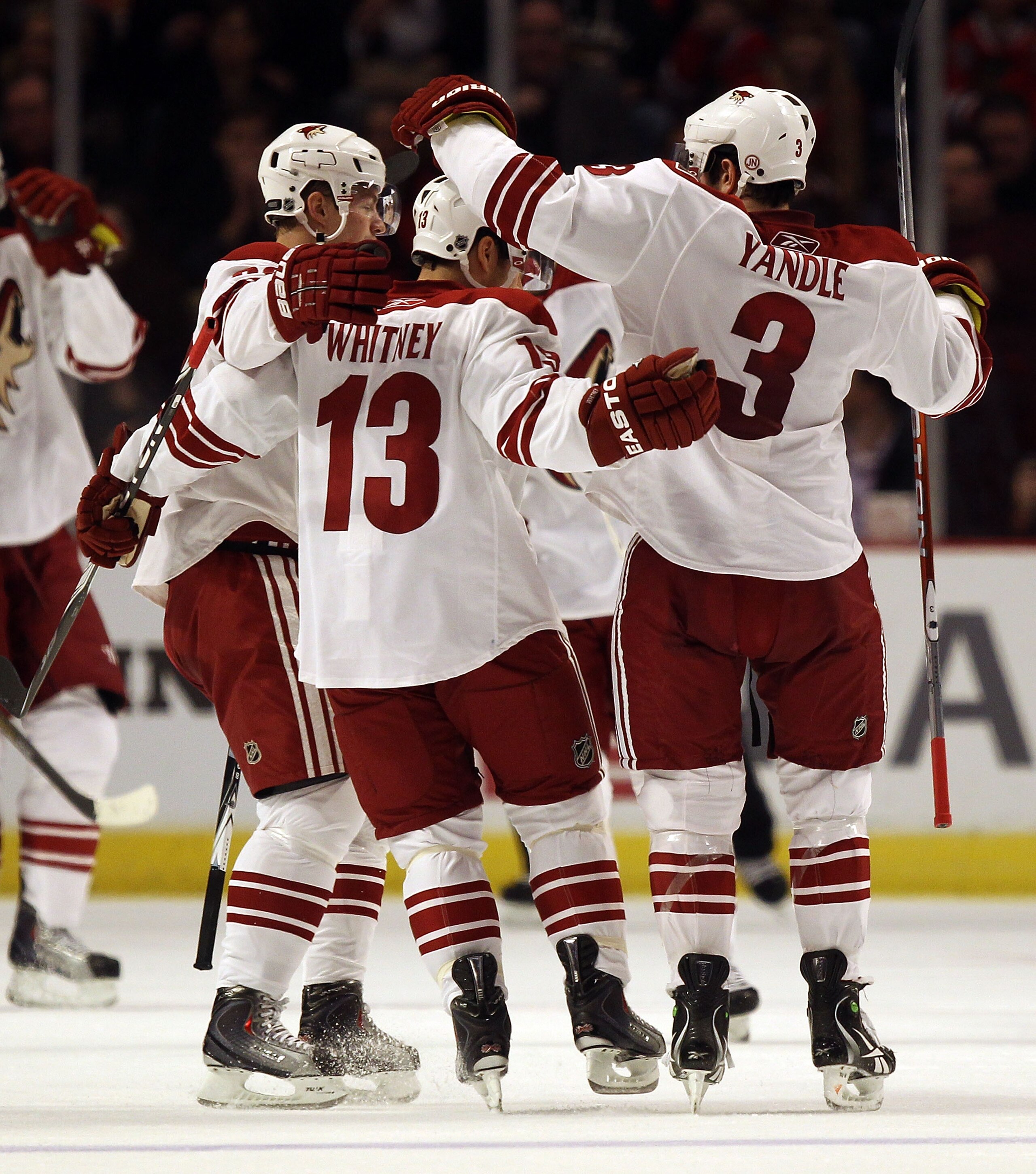 CHICAGO, IL - FEBRUARY 27: (L-R) Mikkel Boedker #89, Ray Whitney #13 and Keith Yandle #3 of the Phoenix Coyotes celebrate a 2nd period goal against the Chicago Blackhawks at the United Center on February 27, 2011 in Chicago, Illinois. (Photo by Jonathan D CHICAGO, IL - FEBRUARY 27: (L-R) Mikkel Boedker #89, Ray Whitney #13 and Keith Yandle #3 of the Phoenix Coyotes celebrate a 2nd period goal against the Chicago Blackhawks at the United Center on February 27, 2011 in Chicago, Illinois. (Photo by Jonathan D