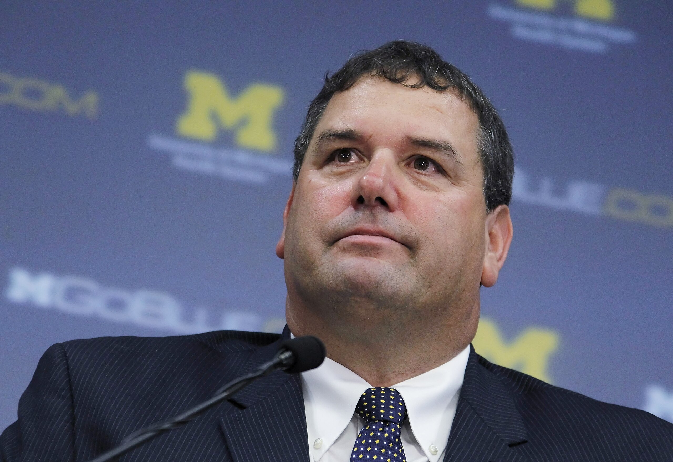 ANN ARBOR, MI - JANUARY 12:  New University of Michigan head football coach Brady Hoke speaks during his introductory press confrence at the Junge Family Champions Center on January 12, 2011 in Ann Arbor, Michigan.  (Photo by Gregory Shamus/Getty Images)