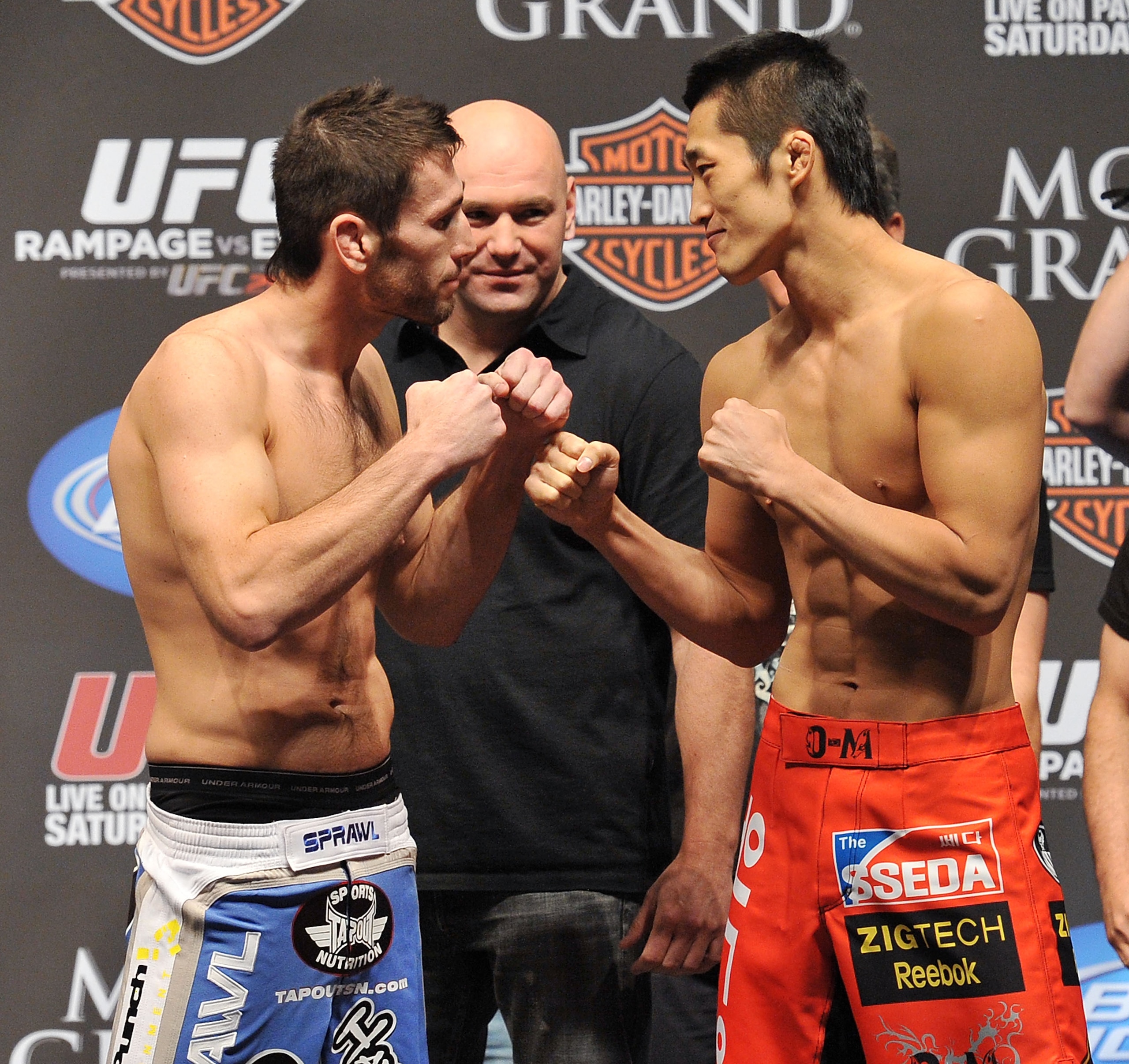 LAS VEGAS - MAY 28:  UFC fighter Amir Sadollah (L) faces off against UFC fighter Dong Hyun Kim (R) at UFC 114: Rampage versus Rashad at the Mandalay Bay Hotel on May 28, 2010 in Las Vegas, Nevada.  (Photo by Jon Kopaloff/Getty Images)