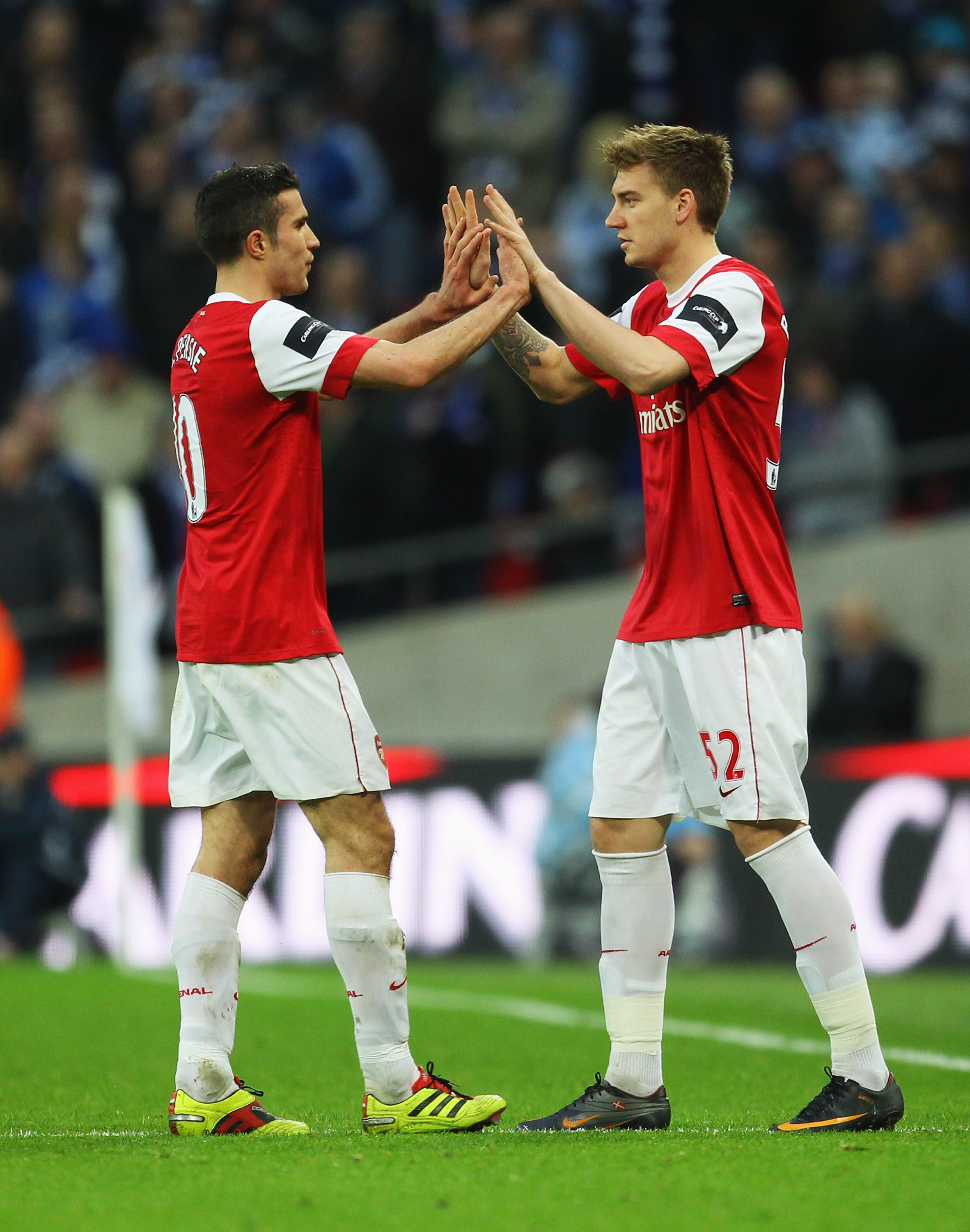 LONDON, ENGLAND - FEBRUARY 27: Nicklas Bendtner (R) of Arsenal comes on as a substitute for Robin van Persie during the Carling Cup Final between Arsenal and Birmingham City at Wembley Stadium on February 27, 2011 in London, England.  (Photo by Alex Lives
