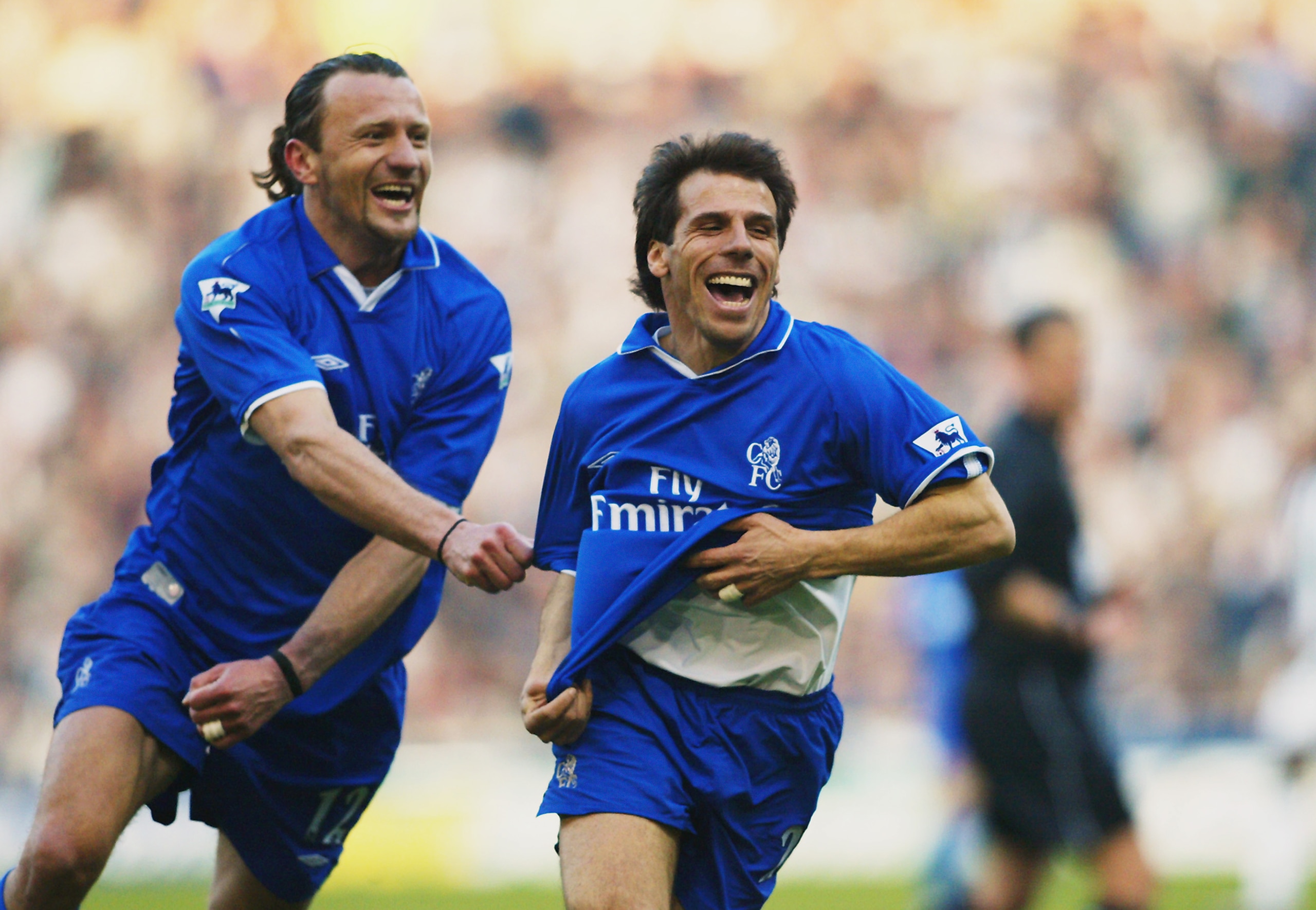 WEST BROMWICH - MARCH 16:  Gianfranco Zola of Chelsea celebrates scoring the second goal with team-mate Mario Stanic during the FA Barclaycard Premiership match between West Bromwich Albion and Chelsea held on March 16, 2003 at The Hawthorns, in West Brom