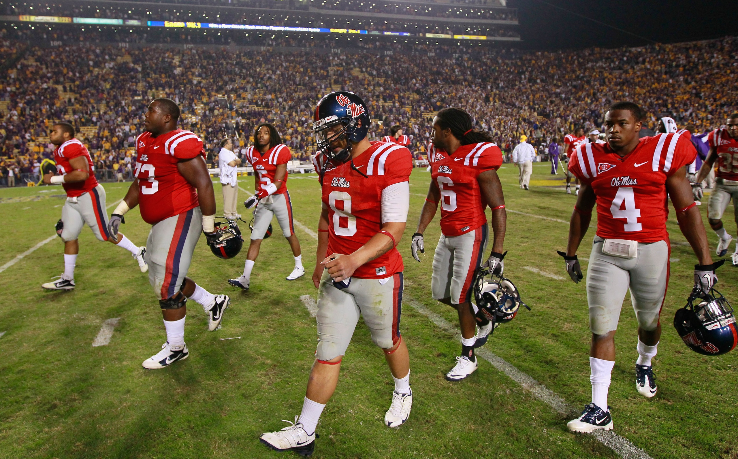 BATON ROUGE, LA - NOVEMBER 20:  Quarterback Jeremiah Masoli #8 of the Ole Miss Rebels walks off the field after their 43-36 loss to the Louisiana State University Tigers at Tiger Stadium on November 20, 2010 in Baton Rouge, Louisiana.  (Photo by Kevin C.