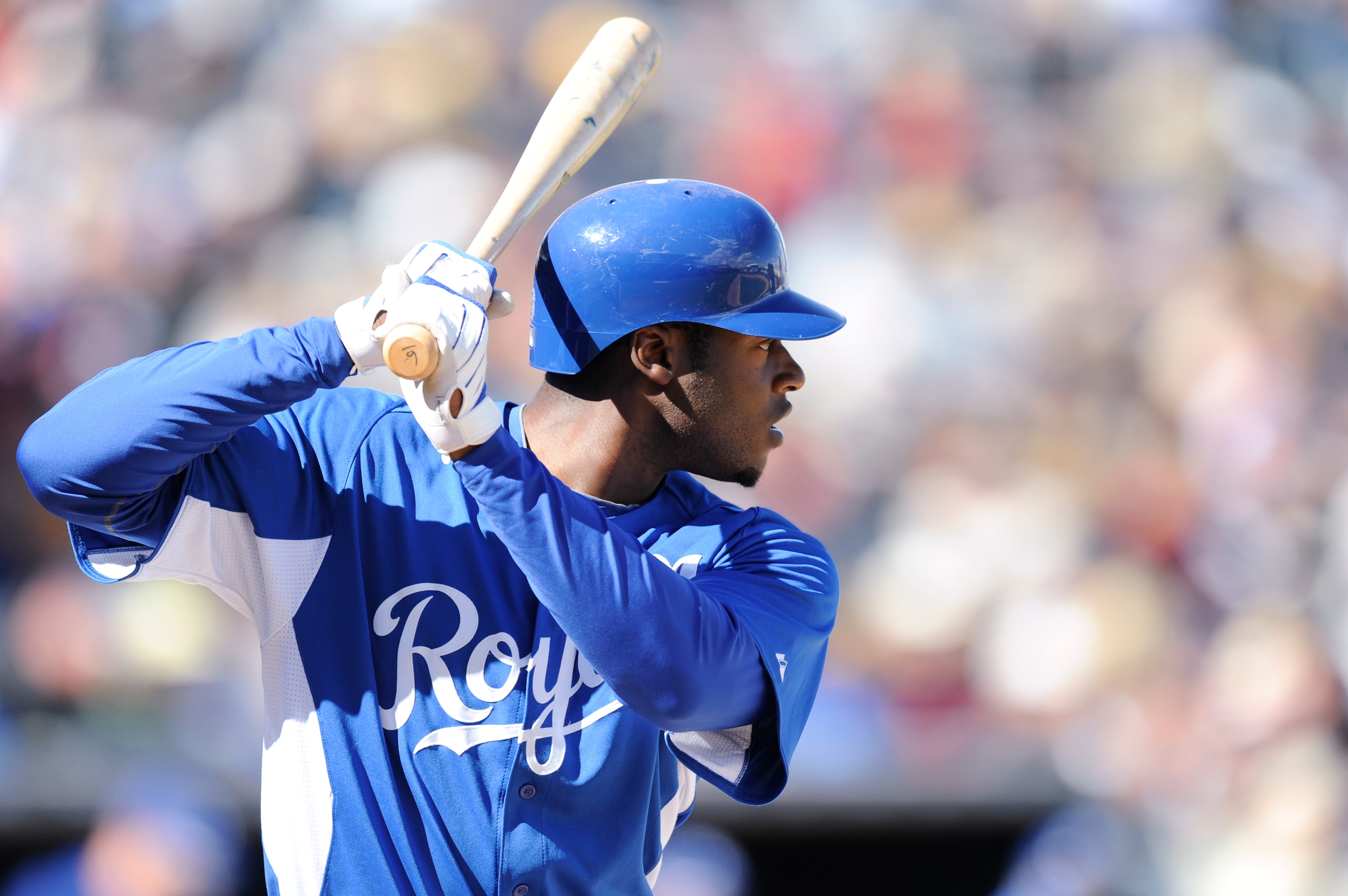 SURPISE, AZ - FEBRUARY 27: Lorenzo Cain #6 of the Kansas City Royals bats during a spring training game against the Texas Rangers at Surprise Stadium on February 27, 2011 in Surprise, Arizona. (Photo by Rob Tringali/Getty Images)