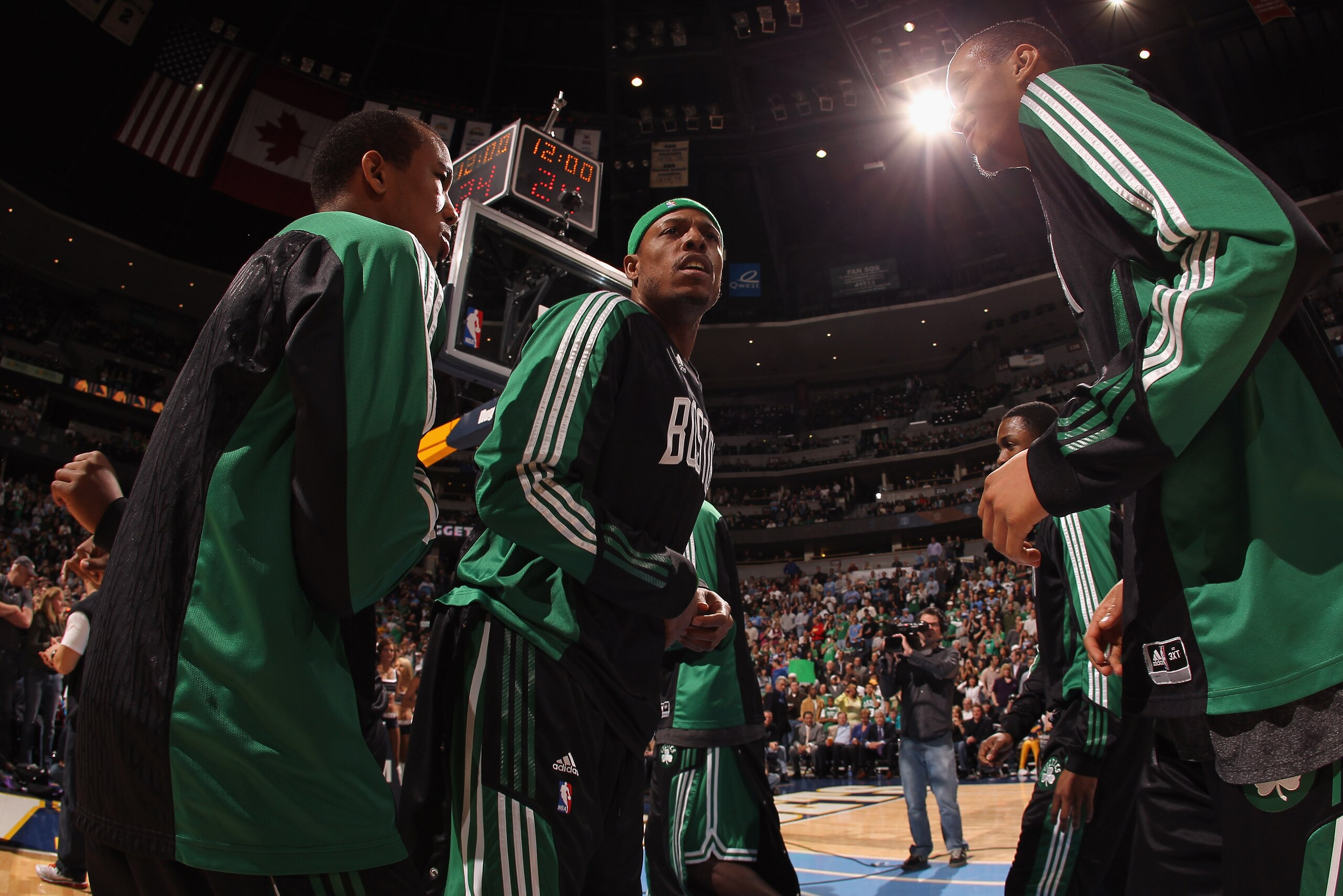 DENVER, CO - FEBRUARY 24:  Paul Pierce (C) #34 of the Boston Celtics enters the court during player introductions prior to facing the Denver Nuggets at the Pepsi Center on February 24, 2011 in Denver, Colorado. The Nuggets defeated the Celtics 89-75. NOTE
