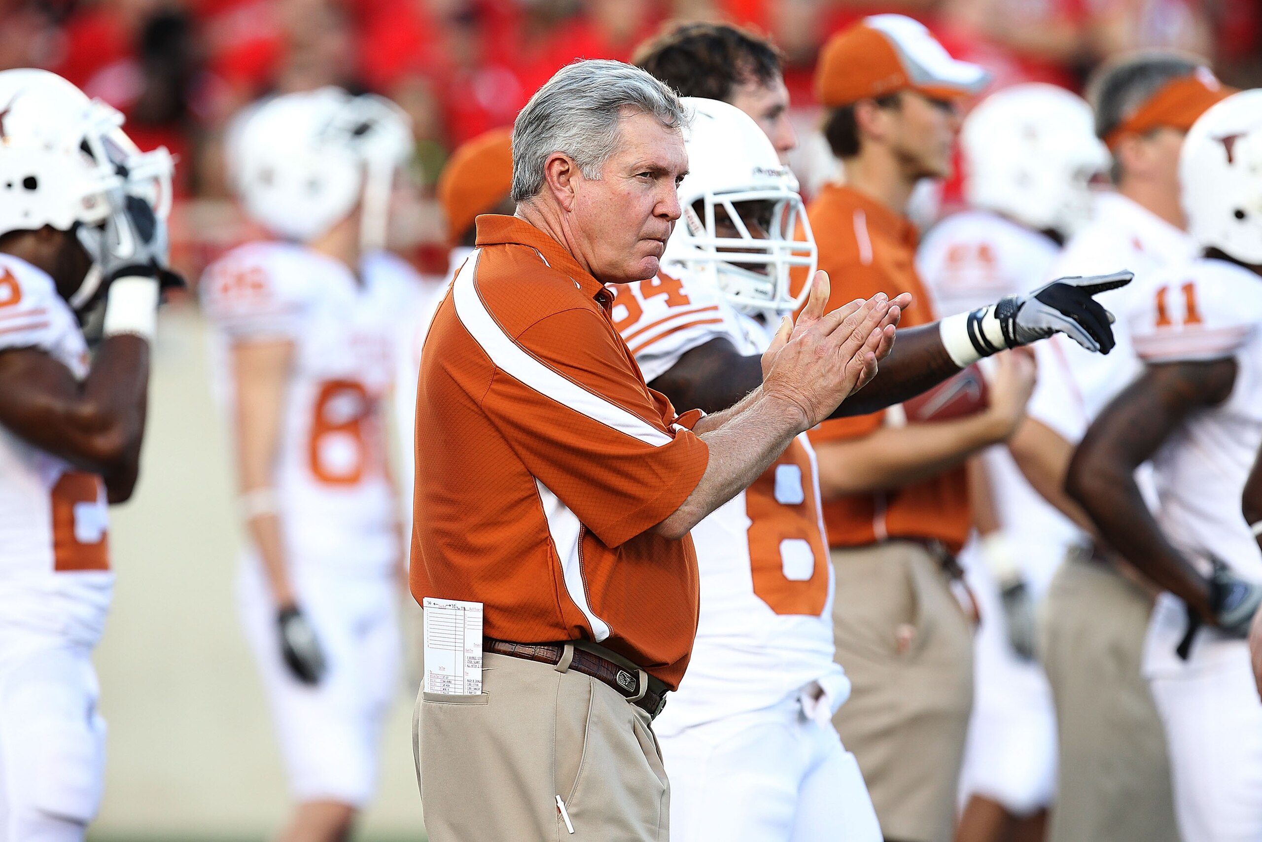 LUBBOCK, TX - SEPTEMBER 18:  Head coach Mack Brown of the Texas Longhorns at Jones AT&T Stadium on September 18, 2010 in Lubbock, Texas.  (Photo by Ronald Martinez/Getty Images)