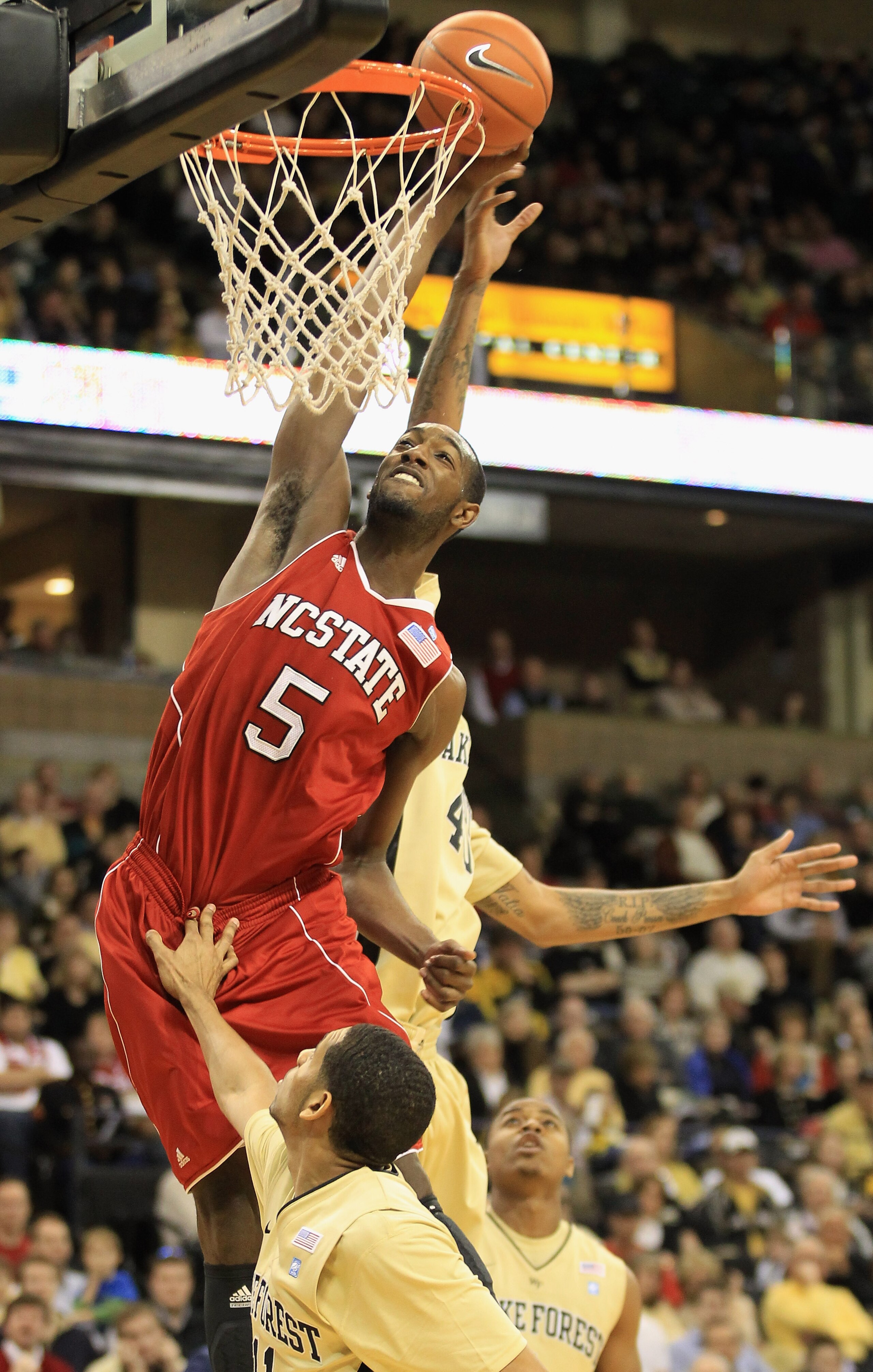 WINSTON SALEM, NC - FEBRUARY 13:  C.J. Leslie #5 of the North Carolina State Wolfpack dunks the ball on a rebound against the Wake Forest Demon Deacons during their game at Lawrence Joel Coliseum on February 13, 2011 in Winston Salem, North Carolina.  (Ph
