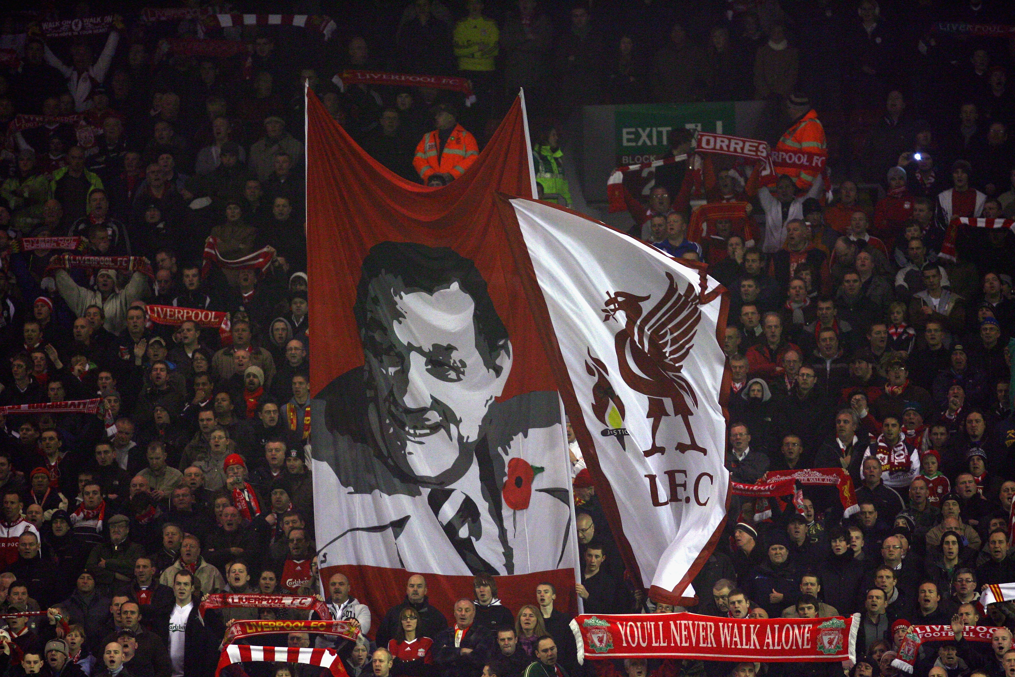LIVERPOOL, ENGLAND - NOVEMBER 09:  Liverpool fans show off a Bob Paisley banner prior to the Barclays Premier League match between Liverpool and Birmingham City at Anfield on November 9, 2009 in Liverpool, England.  (Photo by Alex Livesey/Getty Images)