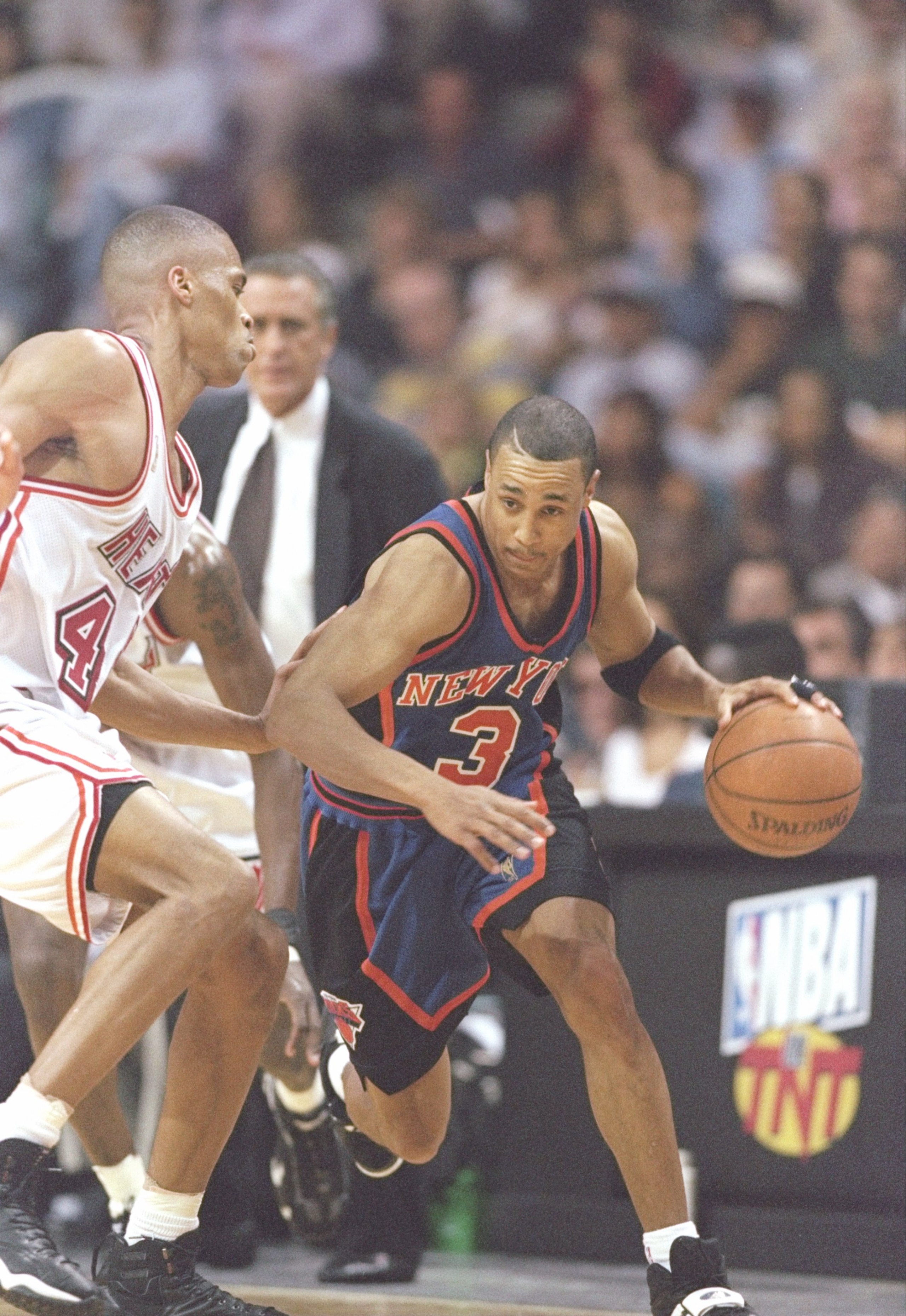7 May 1997:  Guard John Starks of the New York Knicks tries to fend off forward P.J. Brown of the Miami Heat during a playoff game at the Miami Arena in Miami, Florida.  The Knicks won the game 88-79. Mandatory Credit: Andy Lyons  /Allsport