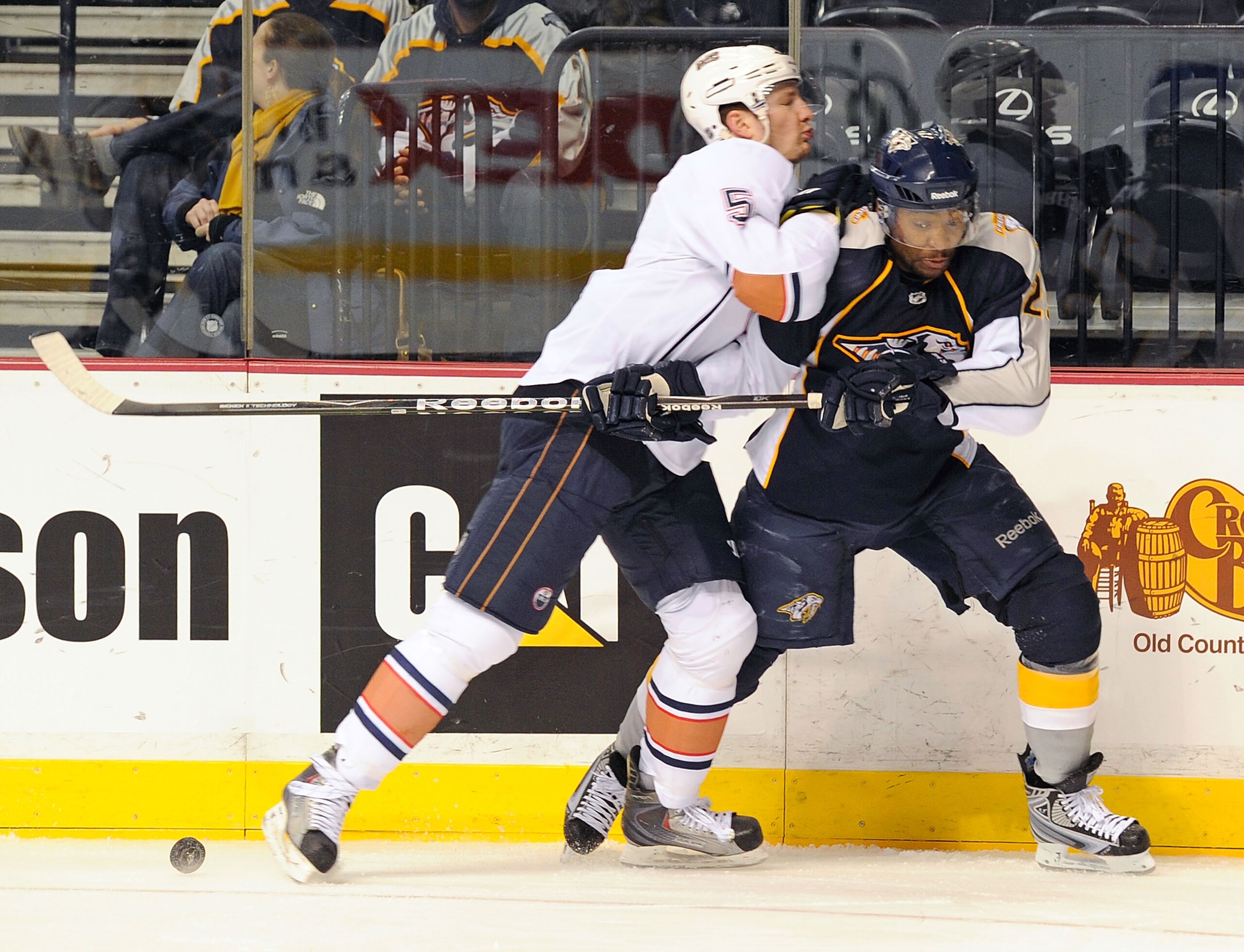 NASHVILLE, TN - FEBRUARY 07: Joel Ward #29 of the Nashville Predators is checked by Ladislav Smid #5 of the Edmonton Oilers on February 7, 2011 at the Bridgestone Arena in Nashville, Tennessee. (Photo by Frederick Breedon/Getty Images) NASHVILLE, TN - FEBRUARY 07: Joel Ward #29 of the Nashville Predators is checked by Ladislav Smid #5 of the Edmonton Oilers on February 7, 2011 at the Bridgestone Arena in Nashville, Tennessee. (Photo by Frederick Breedon/Getty Images)