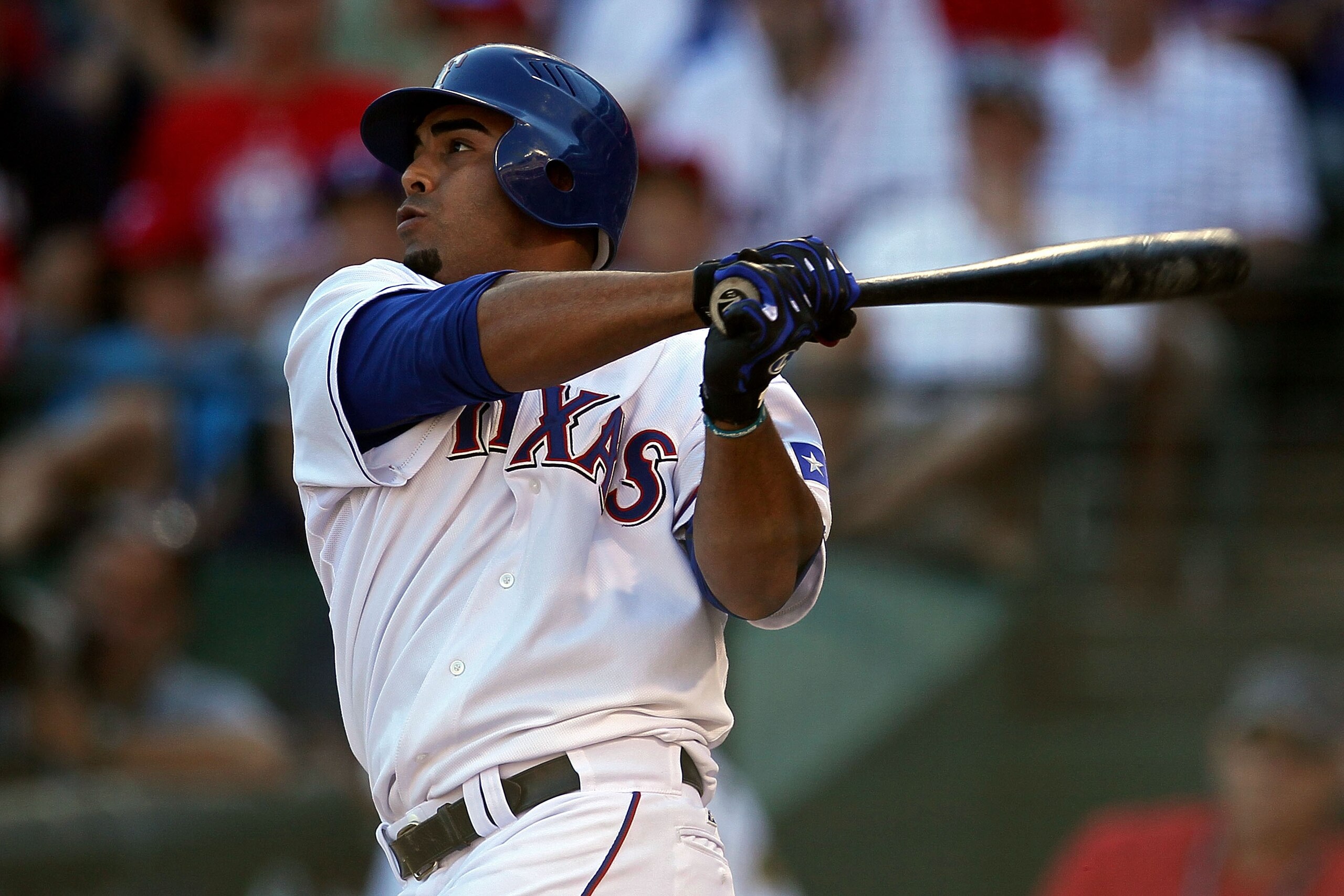 ARLINGTON, TX - OCTOBER 16: Nelson Cruz #17 of the Texas Rangers hits a leadoff double in the bottom of the fifth inning against the New York Yankees in Game Two of the ALCS during the 2010 MLB Playoffs at Rangers Ballpark in Arlington on October 16, 201 ARLINGTON, TX - OCTOBER 16: Nelson Cruz #17 of the Texas Rangers hits a leadoff double in the bottom of the fifth inning against the New York Yankees in Game Two of the ALCS during the 2010 MLB Playoffs at Rangers Ballpark in Arlington on October 16, 201
