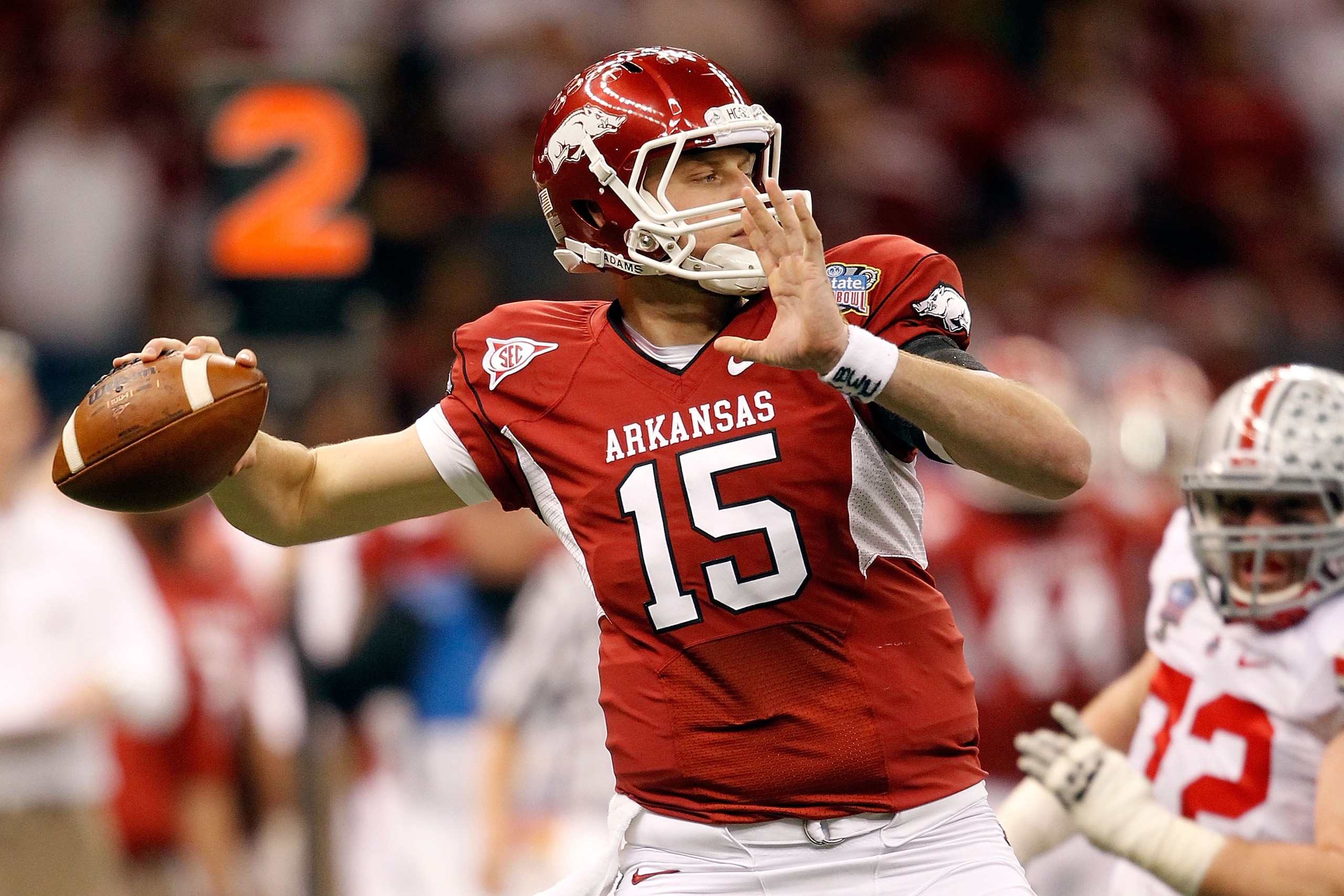 NEW ORLEANS, LA - JANUARY 04:  Quarterback Ryan Mallett #15 of the Arkansas Razorbacks looks to pass against the Ohio State Buckeyes during the Allstate Sugar Bowl at the Louisiana Superdome on January 4, 2011 in New Orleans, Louisiana.  (Photo by Matthew