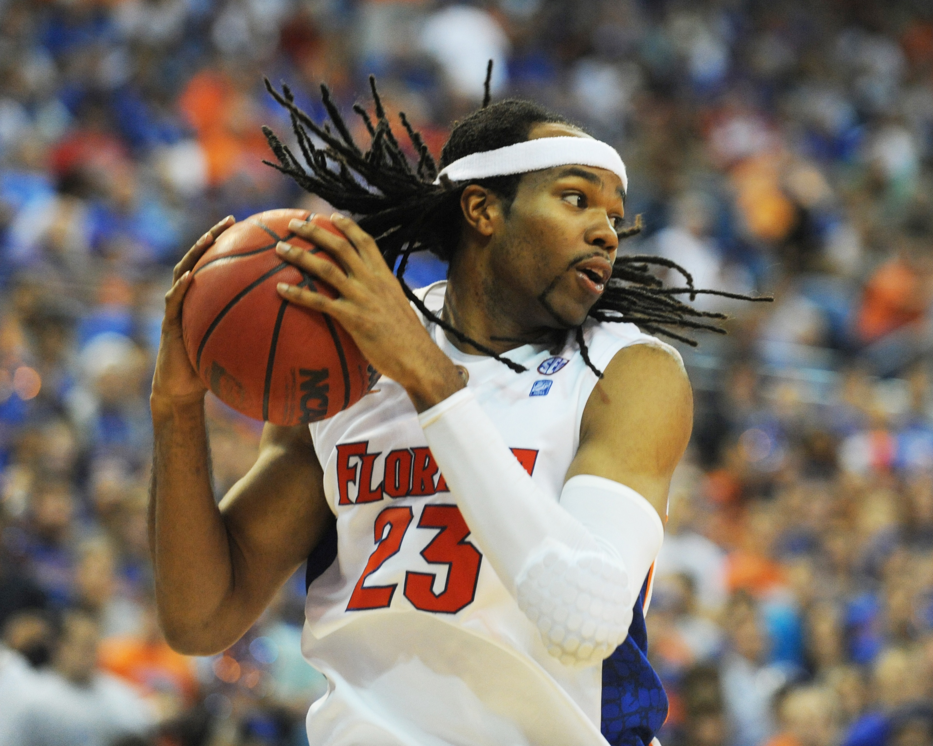GAINESVILLE, FL - NOVEMBER 16: Forward Alex Tyus #23  of the Florida Gators grabs a rebound against the Ohio State Buckeyes November 16, 2010 at the Stephen C. O'Connell Center in Gainesville, Florida.  (Photo by Al Messerschmidt/Getty Images)