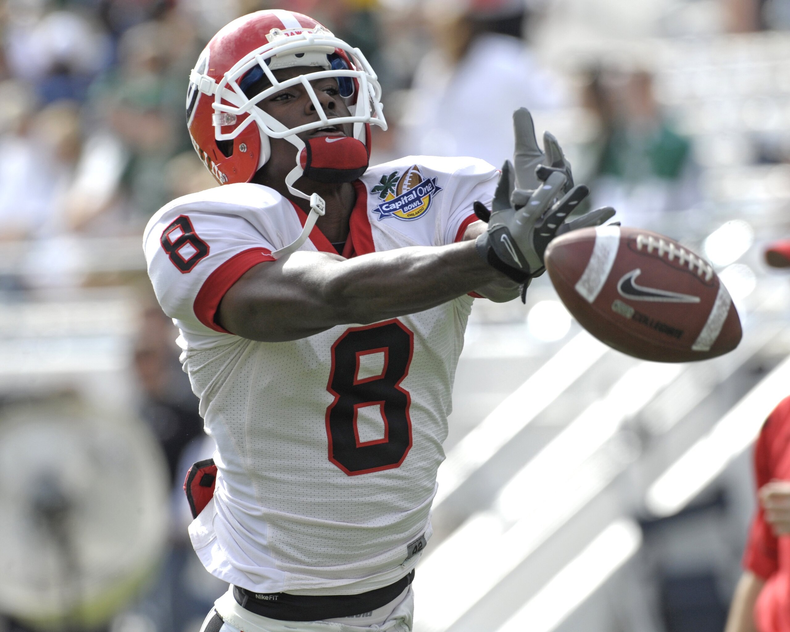 ORLANDO, FL - JANUARY 1: Flanker A. J. Green #8 of the University of Georgia warms up for play against the Michigan State Spartans at the 2009 Capital One Bowl at the Citrus Bowl on January 1, 2009 in Orlando, Florida.  (Photo by Al Messerschmidt/Getty Im