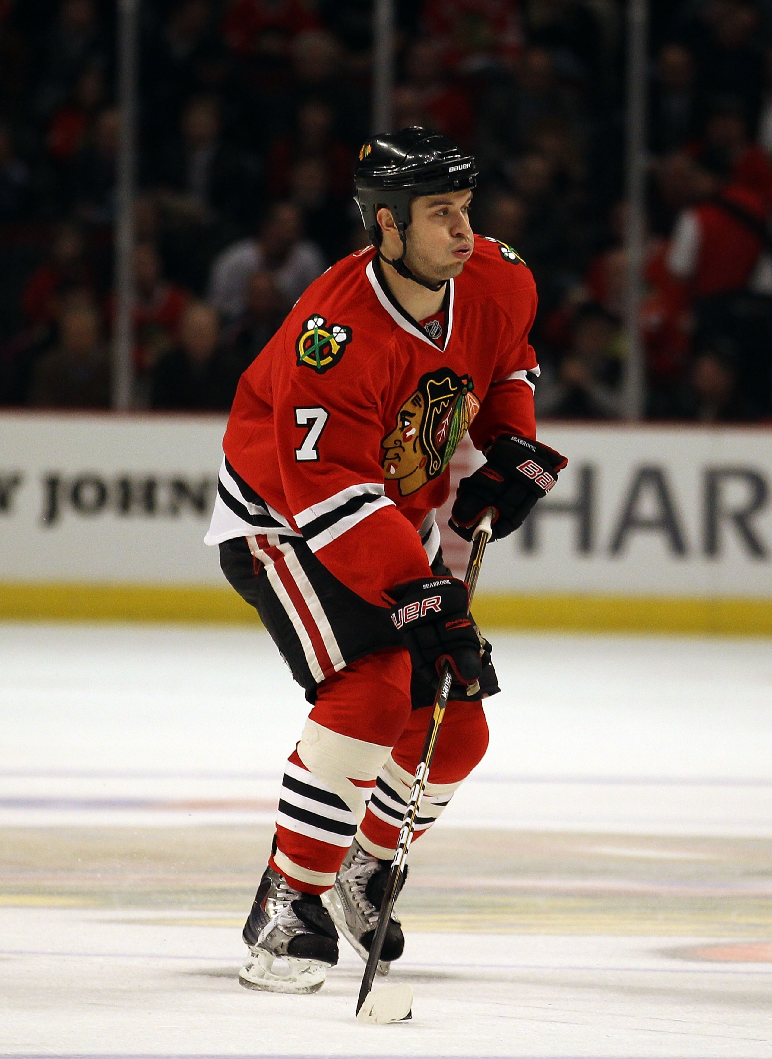 CHICAGO, IL - FEBRUARY 16: Brent Seabrook #7 of the Chicago Blackhawks looks to pass against the Minnesota Wild at the United Center on February 16, 2011 in Chicago, Illinois. The Blackhawks defeated the Wild 3-1. (Photo by Jonathan Daniel/Getty Images) CHICAGO, IL - FEBRUARY 16: Brent Seabrook #7 of the Chicago Blackhawks looks to pass against the Minnesota Wild at the United Center on February 16, 2011 in Chicago, Illinois. The Blackhawks defeated the Wild 3-1. (Photo by Jonathan Daniel/Getty Images)