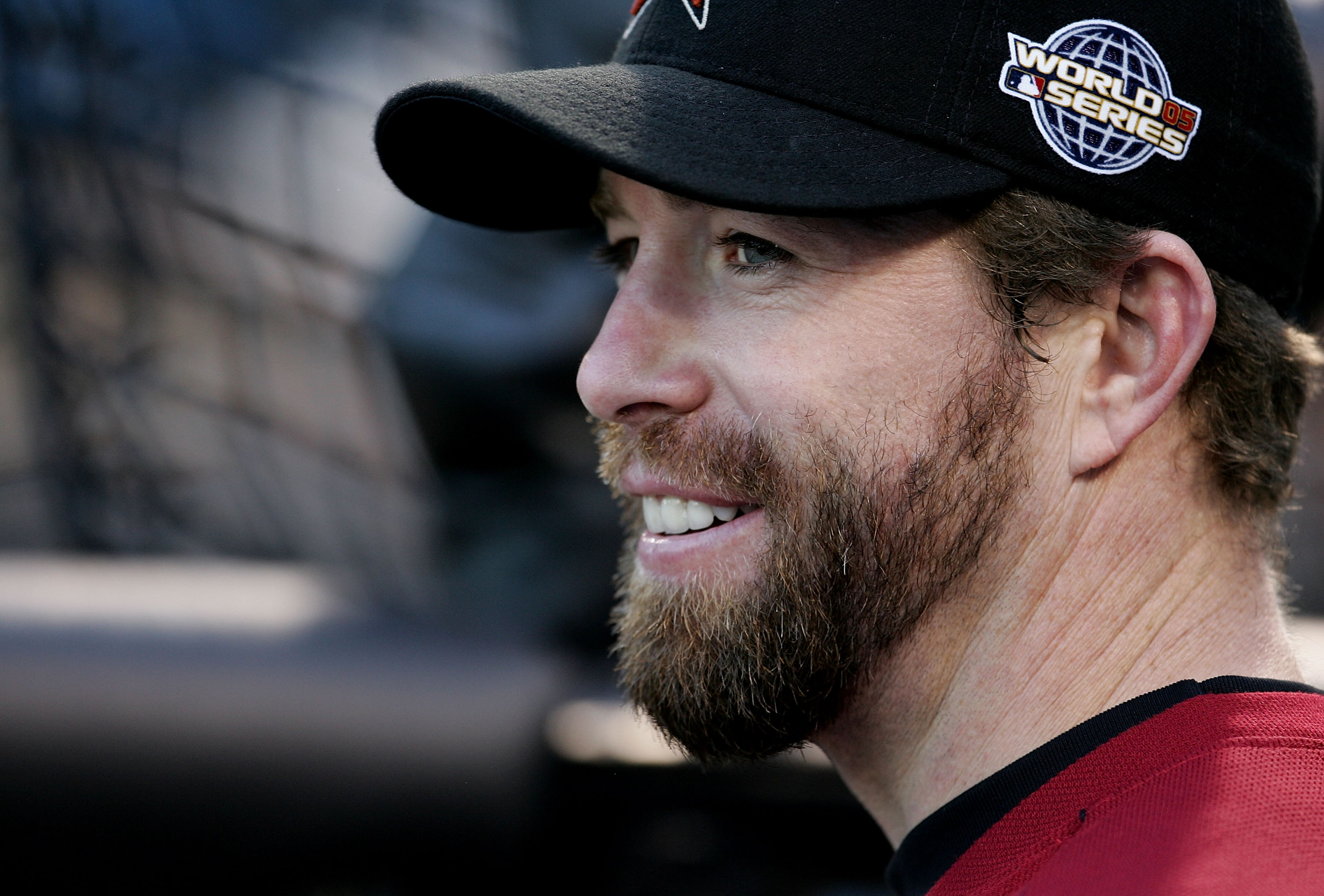 CHICAGO - OCTOBER 21:  Jeff Bagwell #5 of the Houston Astros smiles while waiting to take batting practice during a workout on October 21, 2005 at U.S. Cellular Field in Chicago, Illinois. The Astros begin play in the World Series Saturday night against t