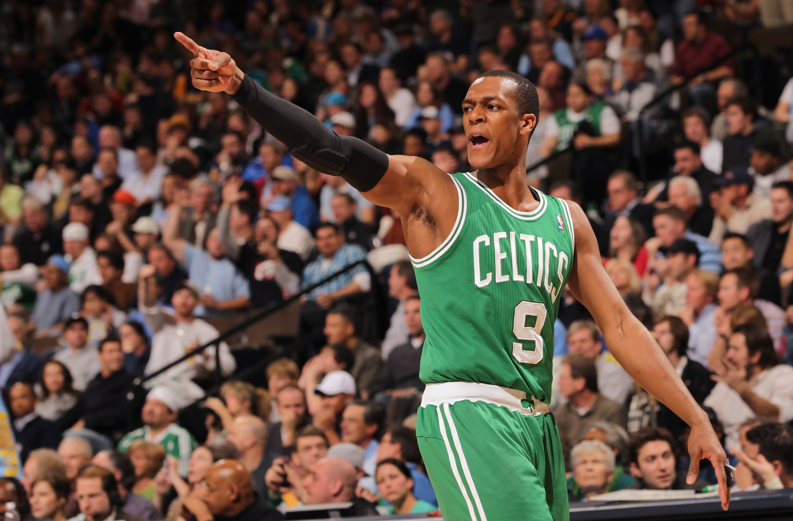 DENVER, CO - FEBRUARY 24:  Rajon Rondo #9 of the Boston Celtics reacts as his team faces the Denver Nuggets during NBA action at the Pepsi Center on February 24, 2011 in Denver, Colorado. NOTE TO USER: User expressly acknowledges and agrees that, by downl