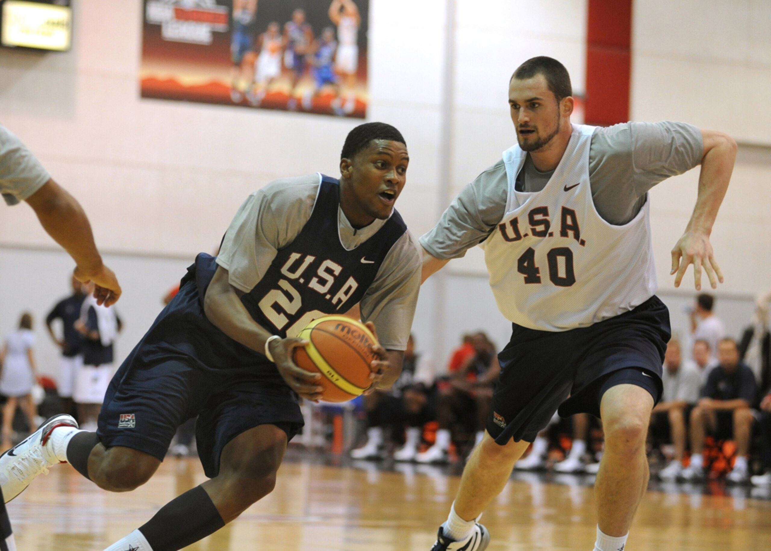 LAS VEGAS - JULY 21:  In this handout photo provided by Las Vegas News Bureau, Rudy Gay (L) plays against Kevin Love during a USA Basketball Menï¿½s National Team workout at the Cox Pavilion on Wednesday July 21, 2010 in Las Vegas Nevada.  (Photo by Brian J