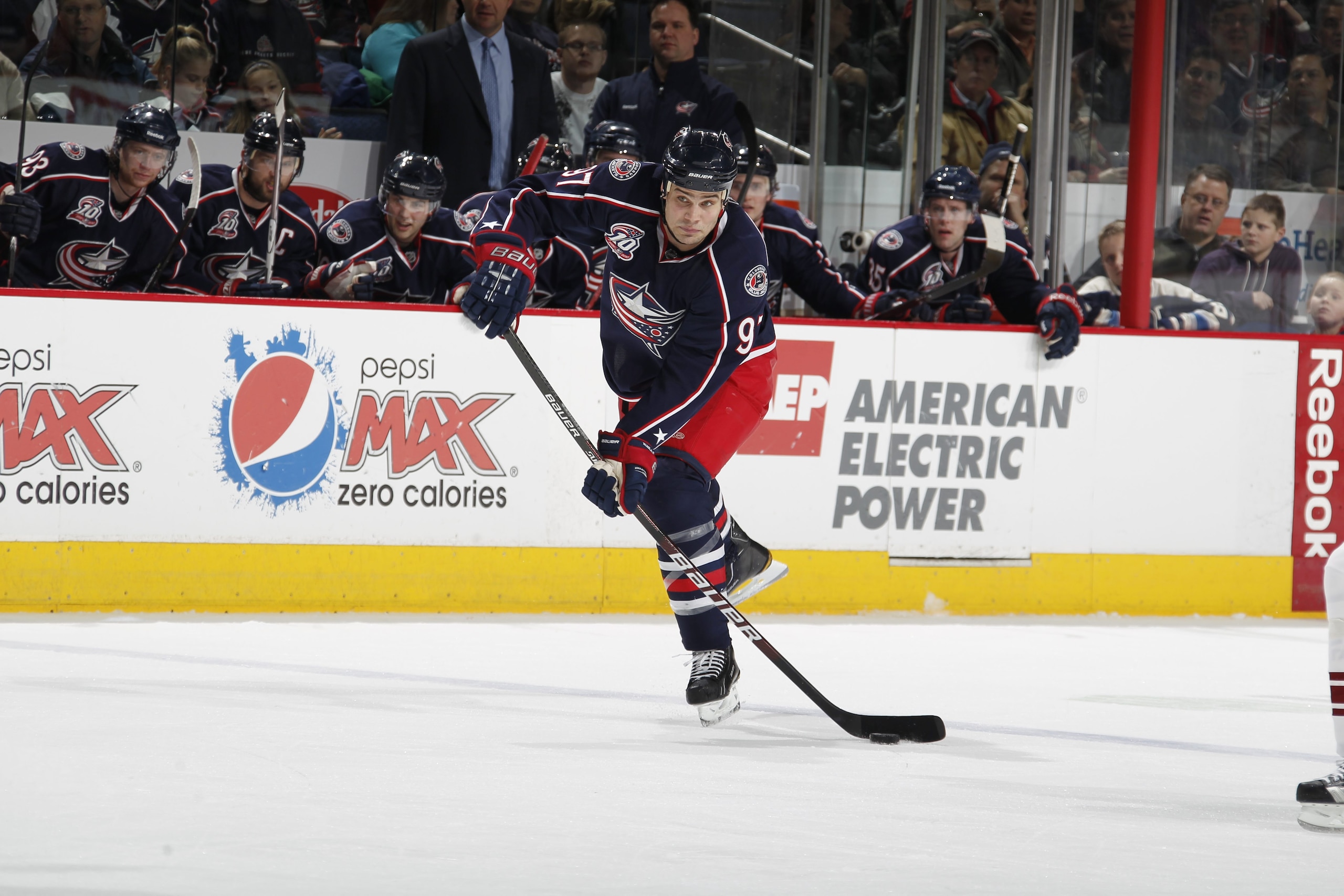 COLUMBUS, OH - JANUARY 11: Rostislav Klesla #97 of the Columbus Blue Jackets skates against the Phoenix Coyotes during a game on January 11, 2011 at the Nationwide Arena in Columbus, Ohio. (Photo by Gregory Shamus/Getty Images)