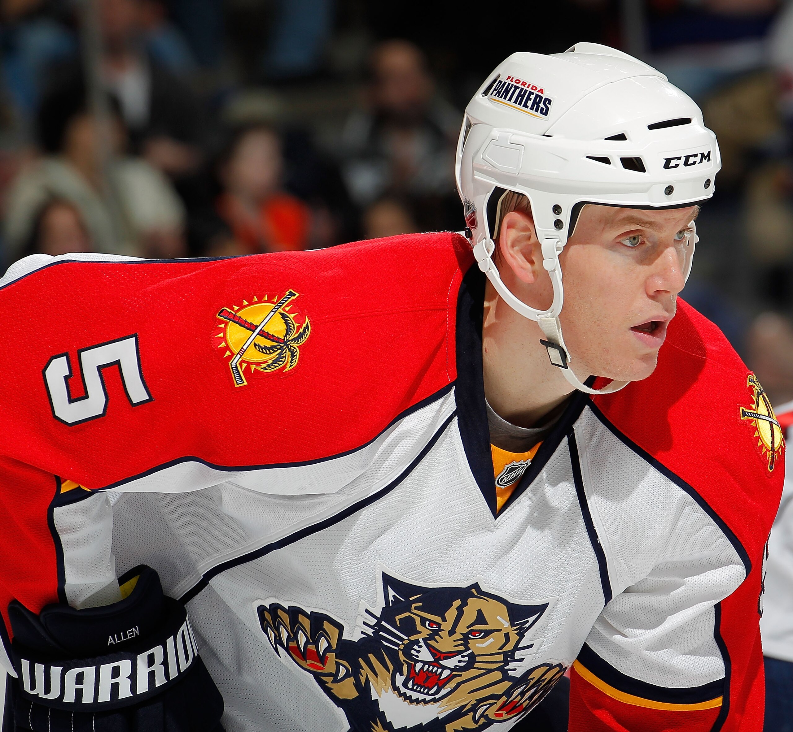 UNIONDALE, NY - FEBRUARY 21:  Bryan Allen #5 of the Florida Panthers waits for a faceoff during an NHL hockey game against the New York Islanders at the Nassau Coliseum on February 21, 2011 in Uniondale, New York.  (Photo by Paul Bereswill/Getty Images)