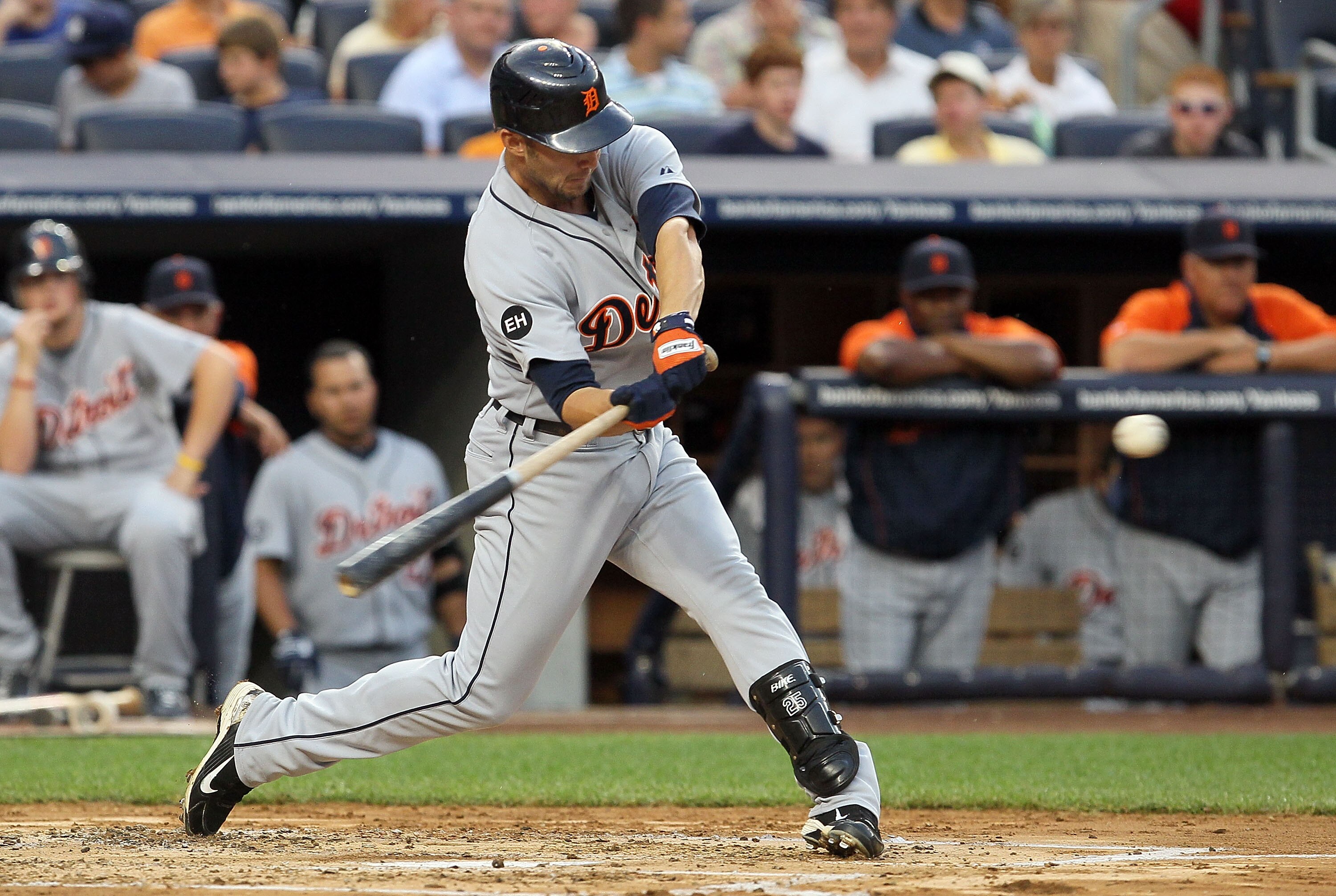NEW YORK - AUGUST 16:  Ryan Raburn #25 of the Detroit Tigers connects on a second inning two run home run against the New York Yankees on August 16, 2010 at Yankee Stadium in the Bronx borough of New York City.  (Photo by Jim McIsaac/Getty Images)
