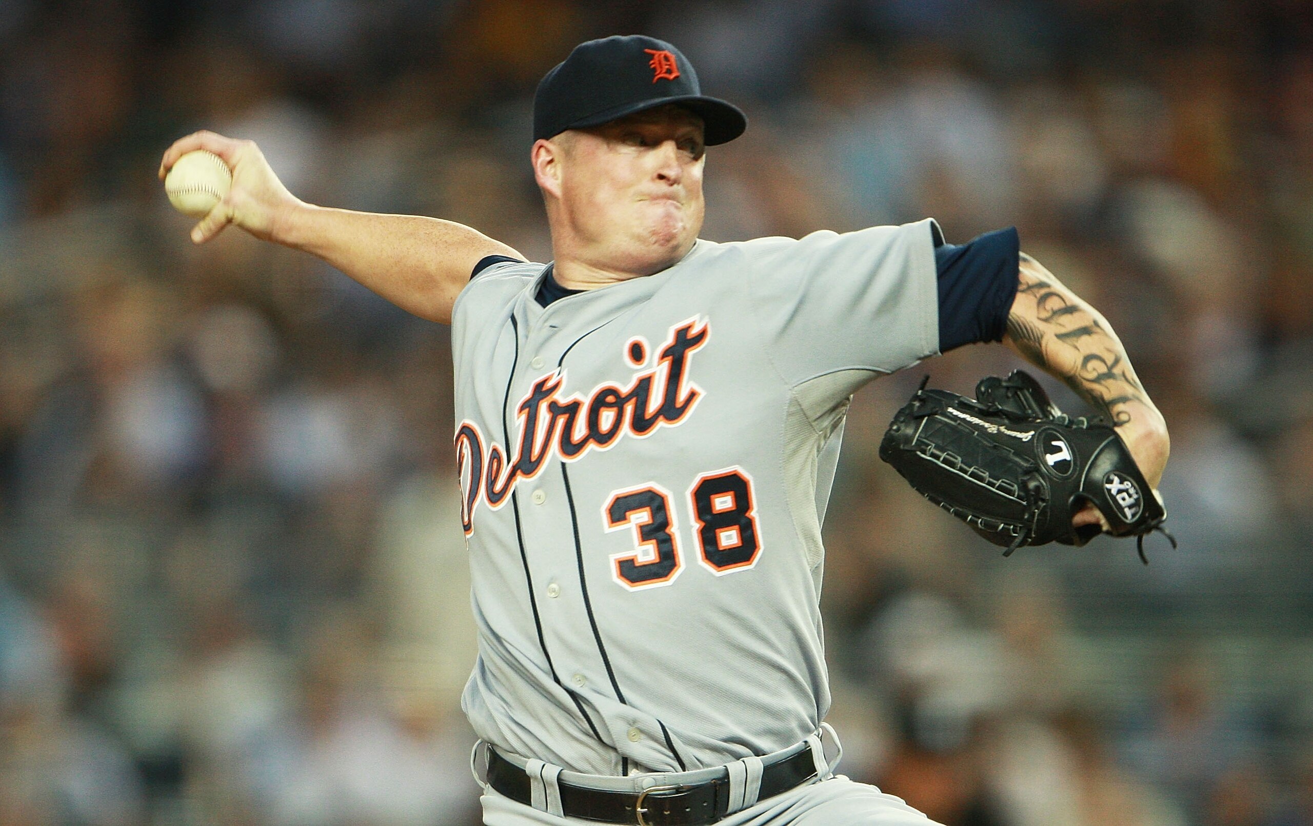NEW YORK - AUGUST 18:  Jeremy Bonderman #38 of the Detroit Tigers pitching against the New York Yankees at Yankee Stadium on August 18, 2010 in the Bronx borough of New York City.  (Photo by Andrew Burton/Getty Images)