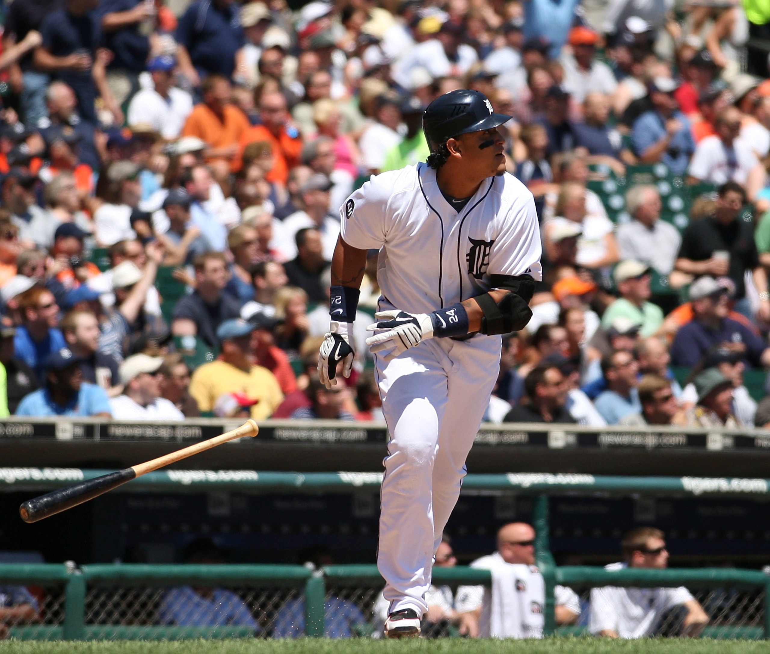 DETROIT - JUNE 17:  Miguel Cabrera #24 of the Detroit Tigers doubles to right center field scoring two run in the fifth inning during the game against the Washington Nationals on June 17, 2010 at Comerica Park in Detroit, Michigan. The Tigers defeated the
