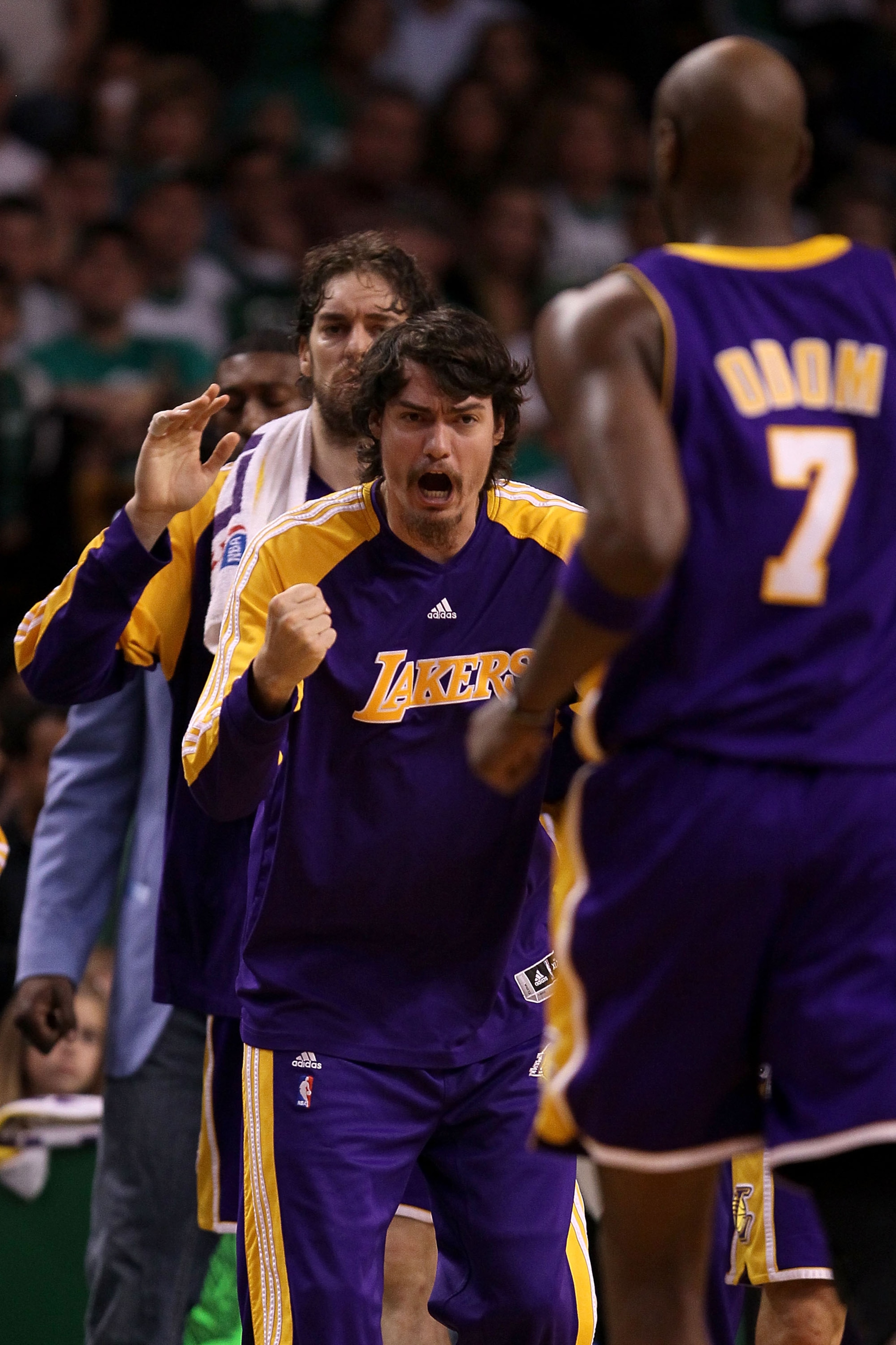 BOSTON - JUNE 13:  Adam Morrison #6 of the Los Angeles Lakers celebrates after a play against the Boston Celtics during Game Five of the 2010 NBA Finals on June 13, 2010 at TD Garden in Boston, Massachusetts. The Celtics won 92-86. NOTE TO USER: User expr