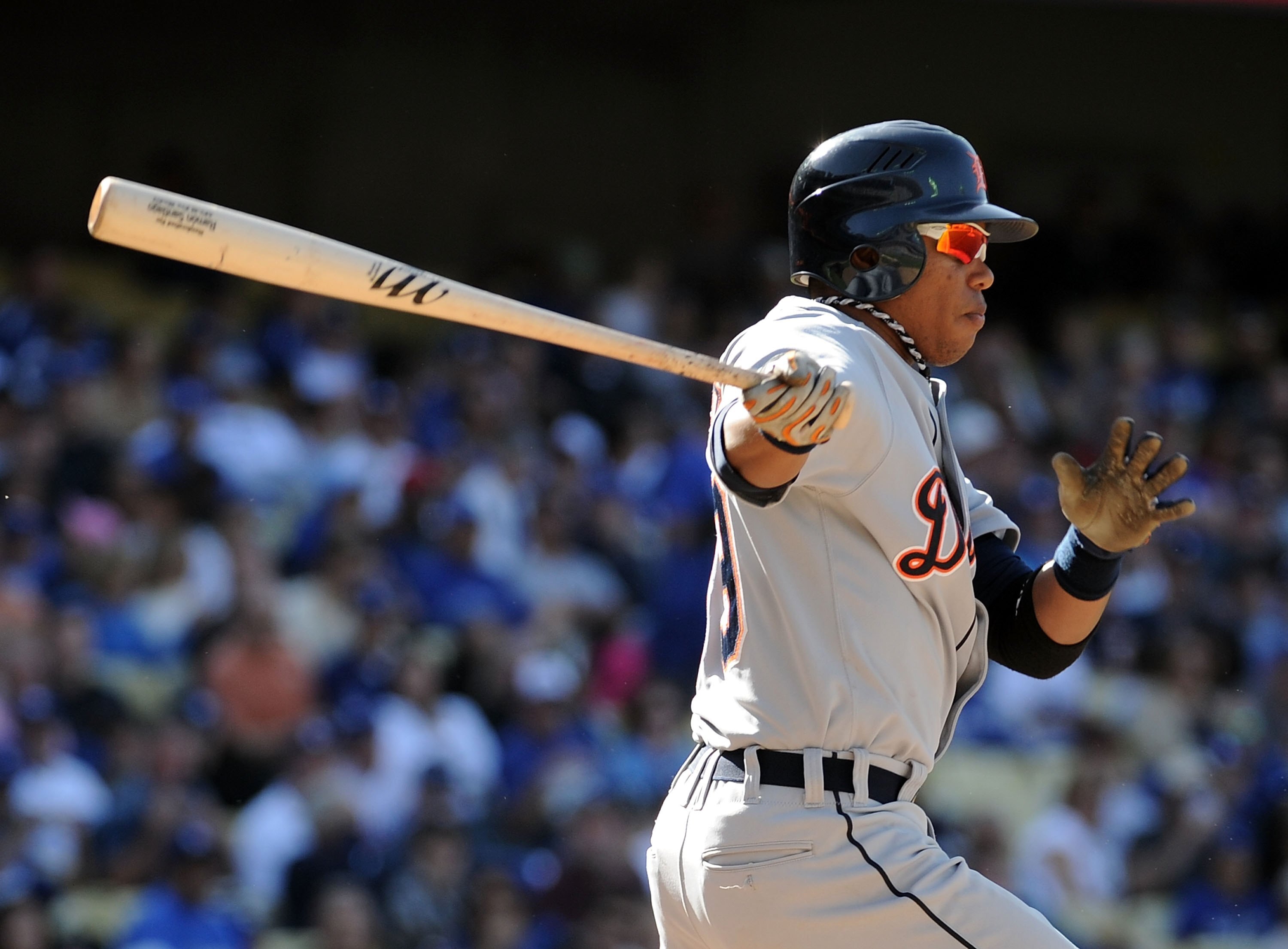 LOS ANGELES, CA - MAY 22:  Ramon Santiago #39 of the Detroit Tigers scores hits a single against the Los Angeles Dodgers during the first inning at Dodger Stadium on May 22, 2010 in Los Angeles, California.  (Photo by Harry How/Getty Images)