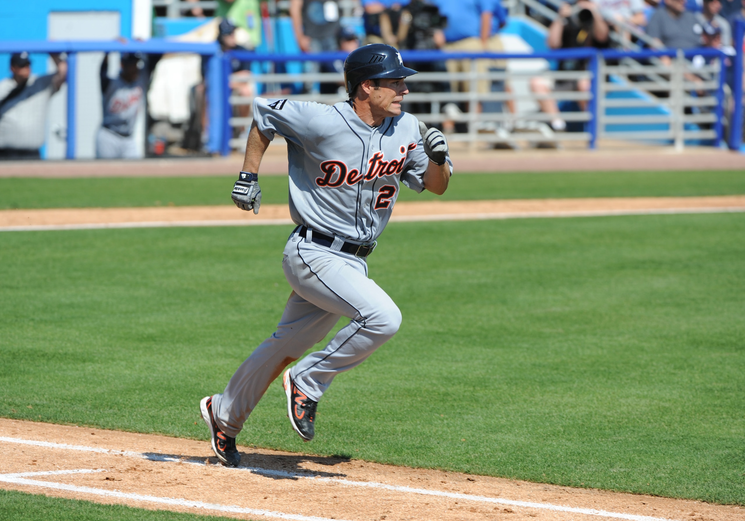 DUNEDIN, FL - FEBRUARY 26:  Infielder Scott Sizemore #20 of the Detroit Tigers runs to first base against the Toronto Blue Jays February 26, 2011 at Florida Auto Exchange Stadium in Dunedin, Florida.  (Photo by Al Messerschmidt/Getty Images)