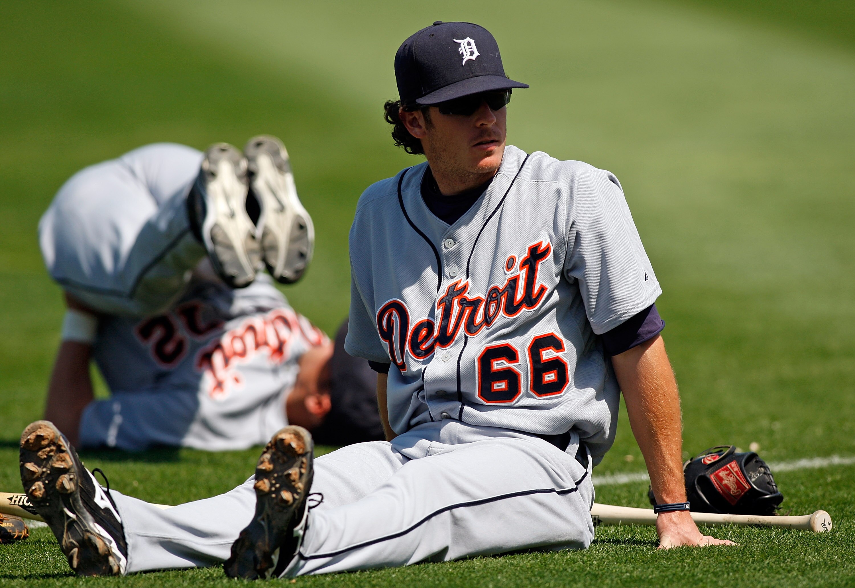 CLEARWATER, FL - MARCH 07:  Infielder Will Rhymes #66 of the Detroit Tigers stretches just prior to the start of the Grapefruit League Spring Training Game against Philadelphia Phillies at Bright House Field on March 7, 2009 in Clearwater, Florida.  (Phot