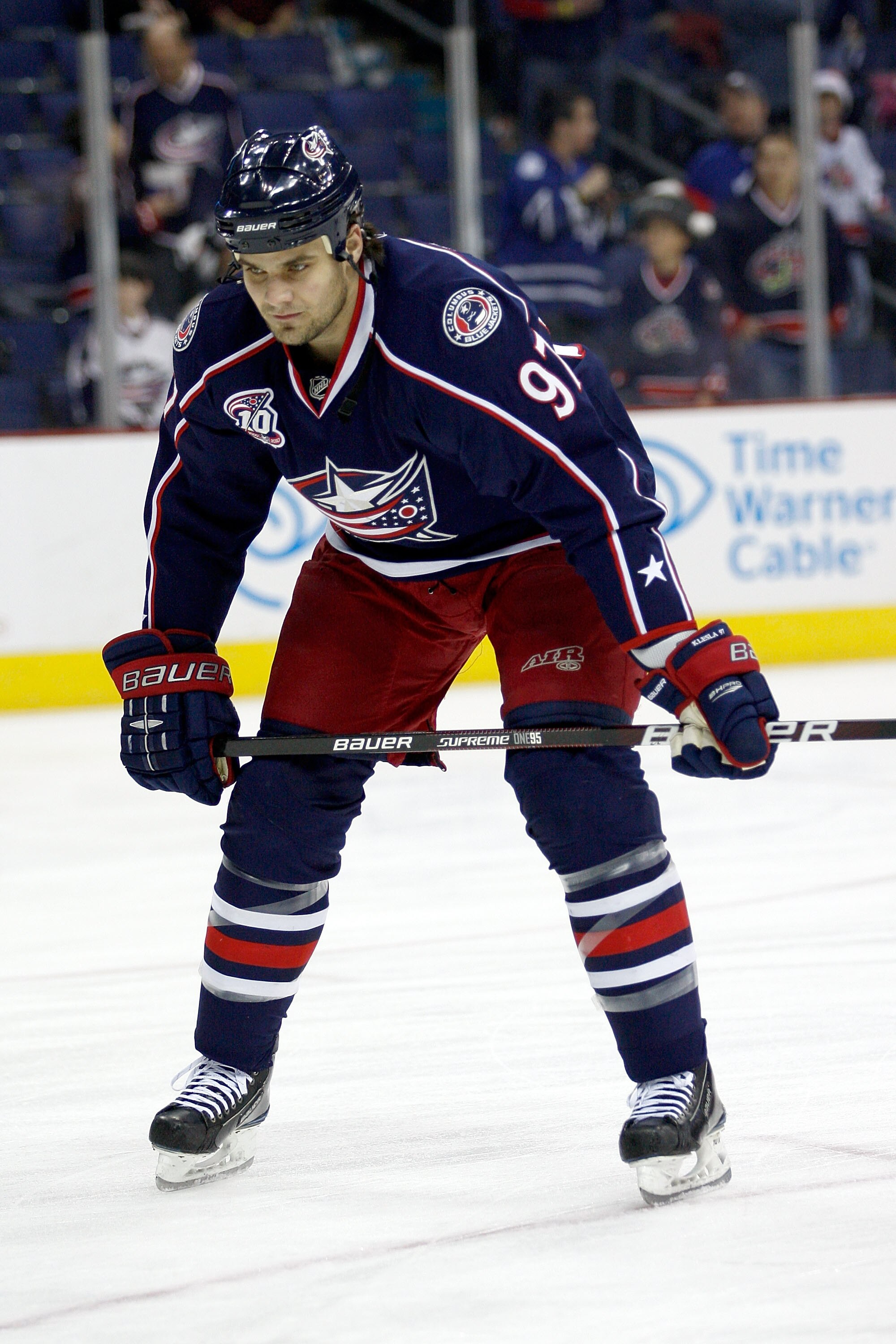 COLUMBUS,OH - DECEMBER 21:  Rostislav Klesla #97 of the Columbus Blue Jackets warms up prior to the start of the game against the Calgary Flames on December 21, 2010 at Nationwide Arena in Columbus, Ohio.  (Photo by John Grieshop/Getty Images)