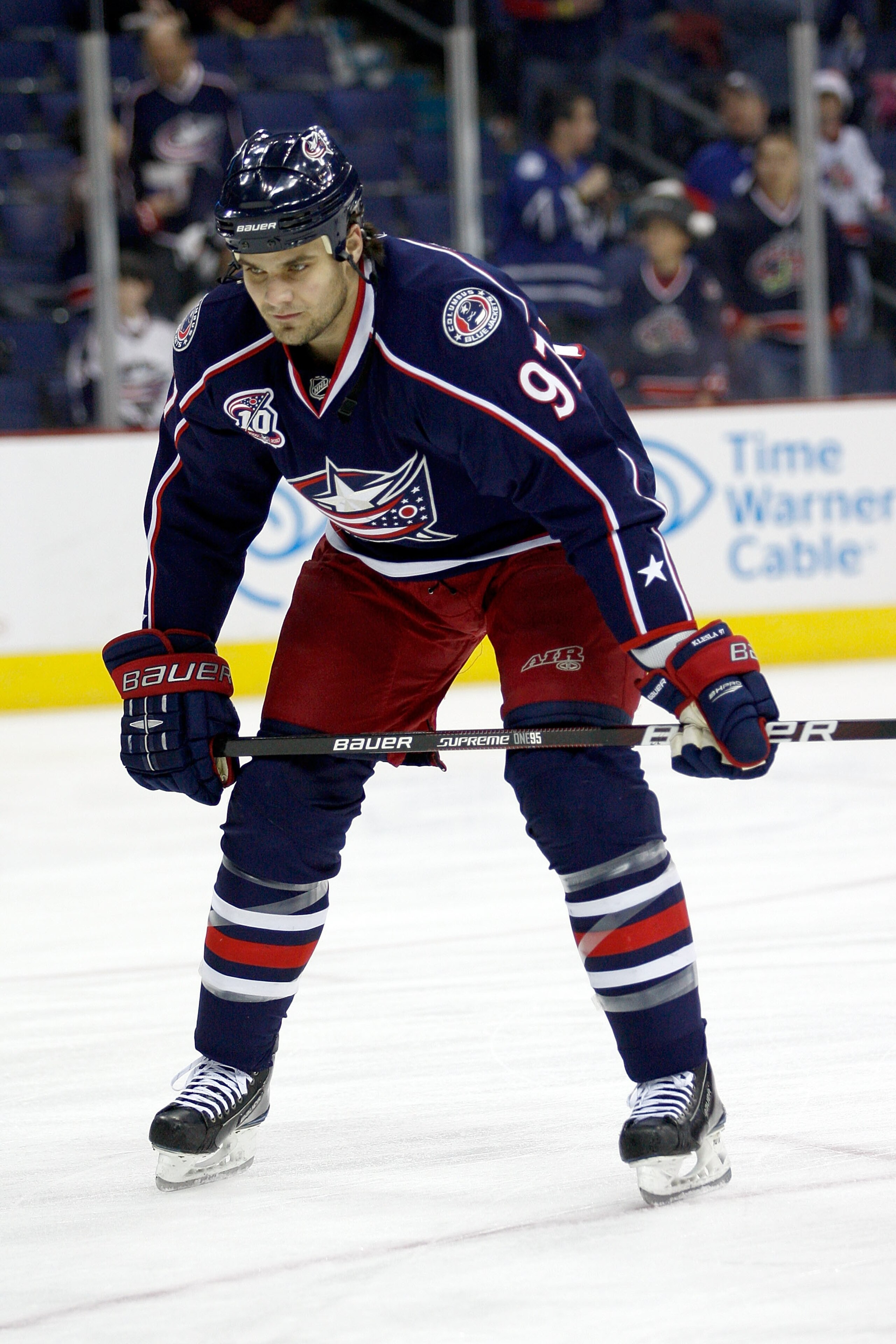 COLUMBUS,OH - DECEMBER 21:  Rostislav Klesla #97 of the Columbus Blue Jackets warms up prior to the start of the game against the Calgary Flames on December 21, 2010 at Nationwide Arena in Columbus, Ohio.  (Photo by John Grieshop/Getty Images)