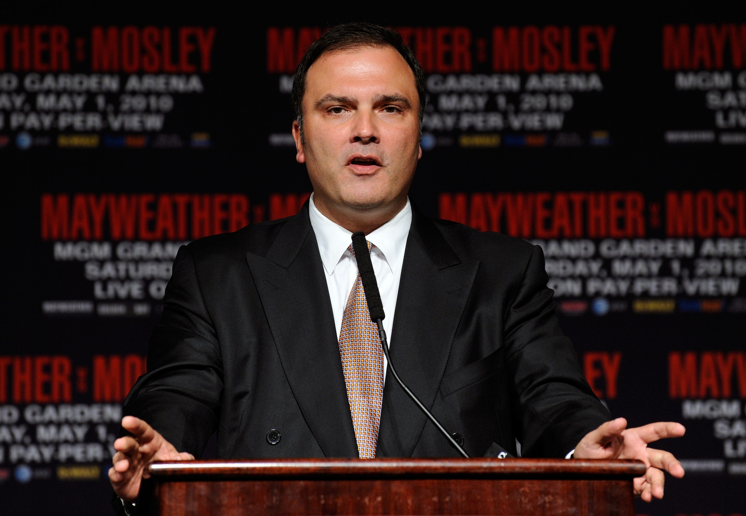 LAS VEGAS - APRIL 28:  CEO of Golden Boy Promotions Richard Schaefer speaks during the final news conference for the bout between Floyd Mayweather Jr. and Shane Mosley at the MGM Grand Hotel/Casino April 28, 2010 in Las Vegas, Nevada. Mayweather and Mosle