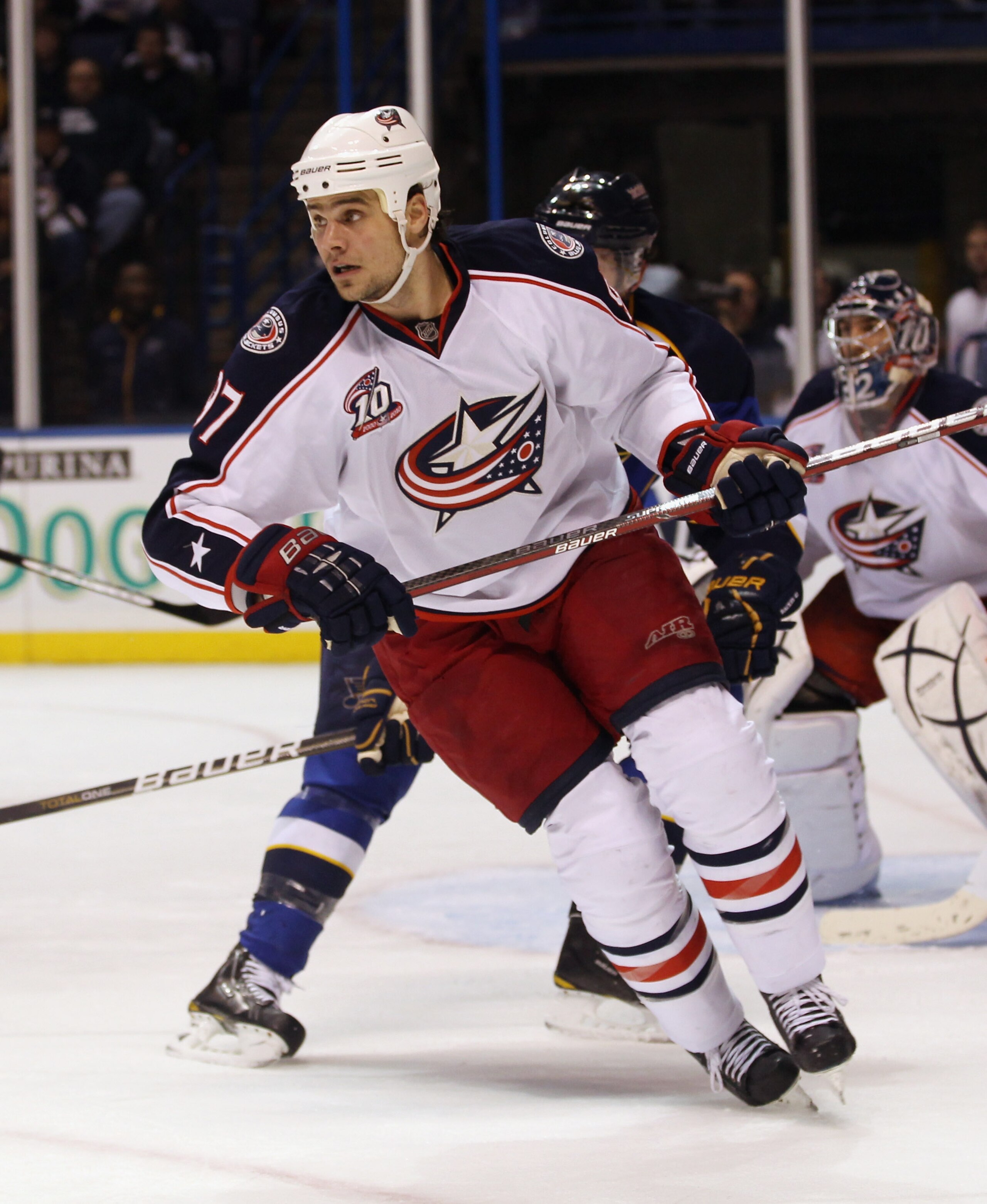 ST LOUIS, MO - DECEMBER 09:  Rostislav Klesla #97 of the Columbus Blue Jackets skates against the  St. Louis Blues at the Scottrade Center on December 9, 2010 in St Louis, Missouri. The Blues defeated The Blue Jackets 4-1.  (Photo by Bruce Bennett/Getty I
