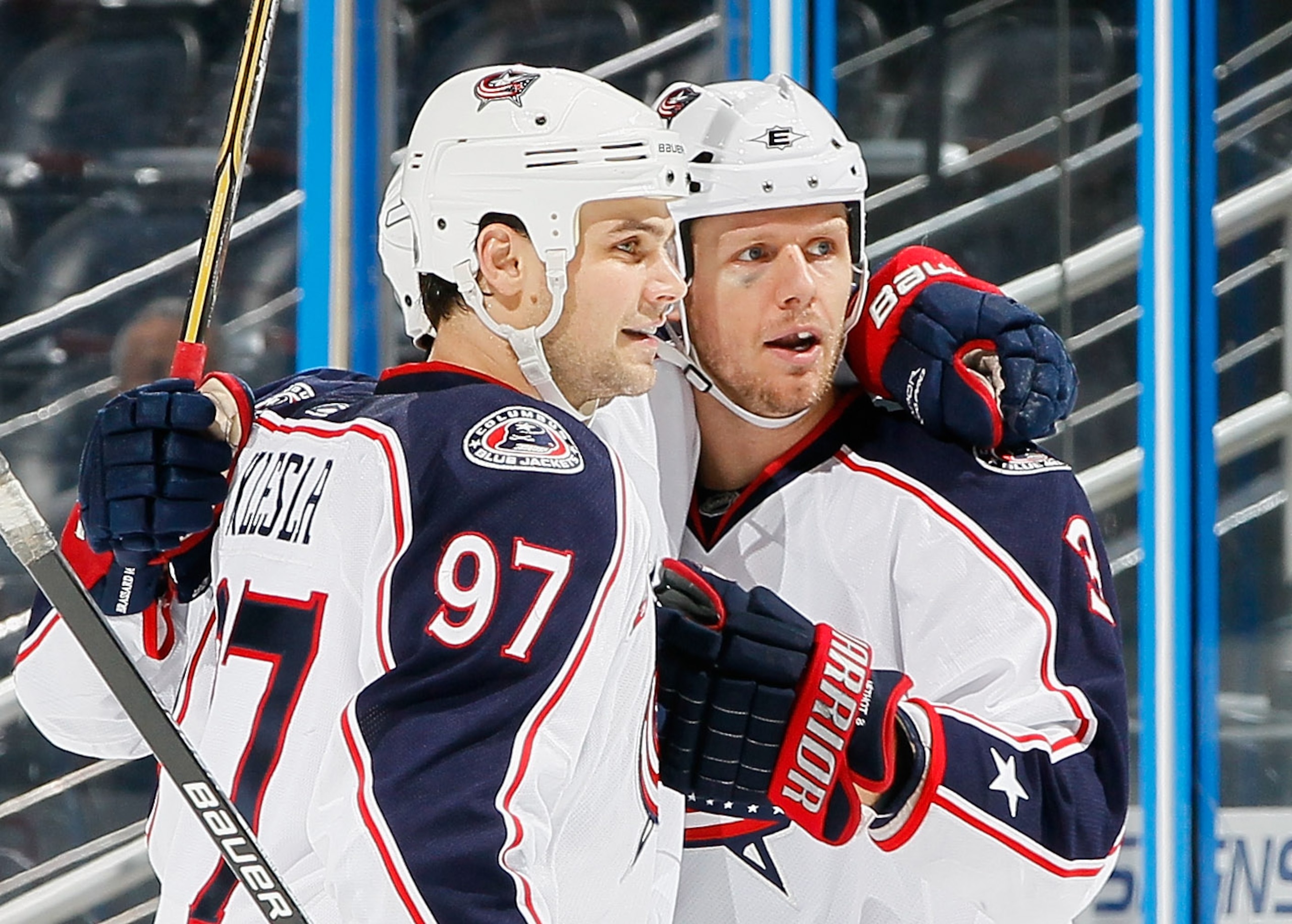 ATLANTA - NOVEMBER 04:  Marc Methot #3 of the Columbus Blue Jackets reacts after scoring a goal against the Atlanta Thrashers with Rostislav Klesla #97 at Philips Arena on November 4, 2010 in Atlanta, Georgia.  (Photo by Kevin C. Cox/Getty Images)