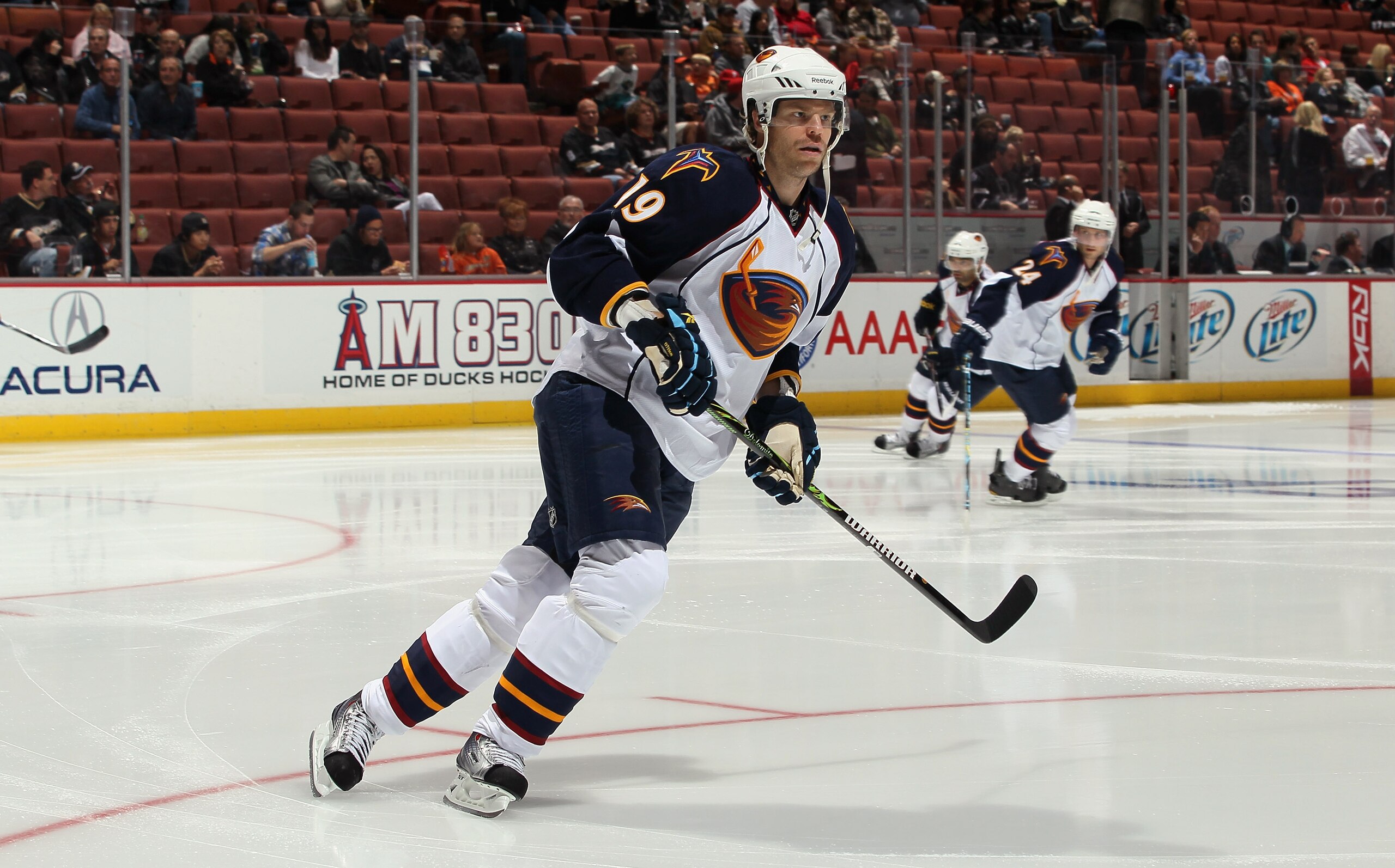 ANAHEIM, CA - OCTOBER 15:  Fredrik Modin #19 of the Atlanta Thrashers skates prior to the start of the game against the Anaheim Ducks at Honda Center on October 15, 2010 in Anaheim, California.  (Photo by Jeff Gross/Getty Images)