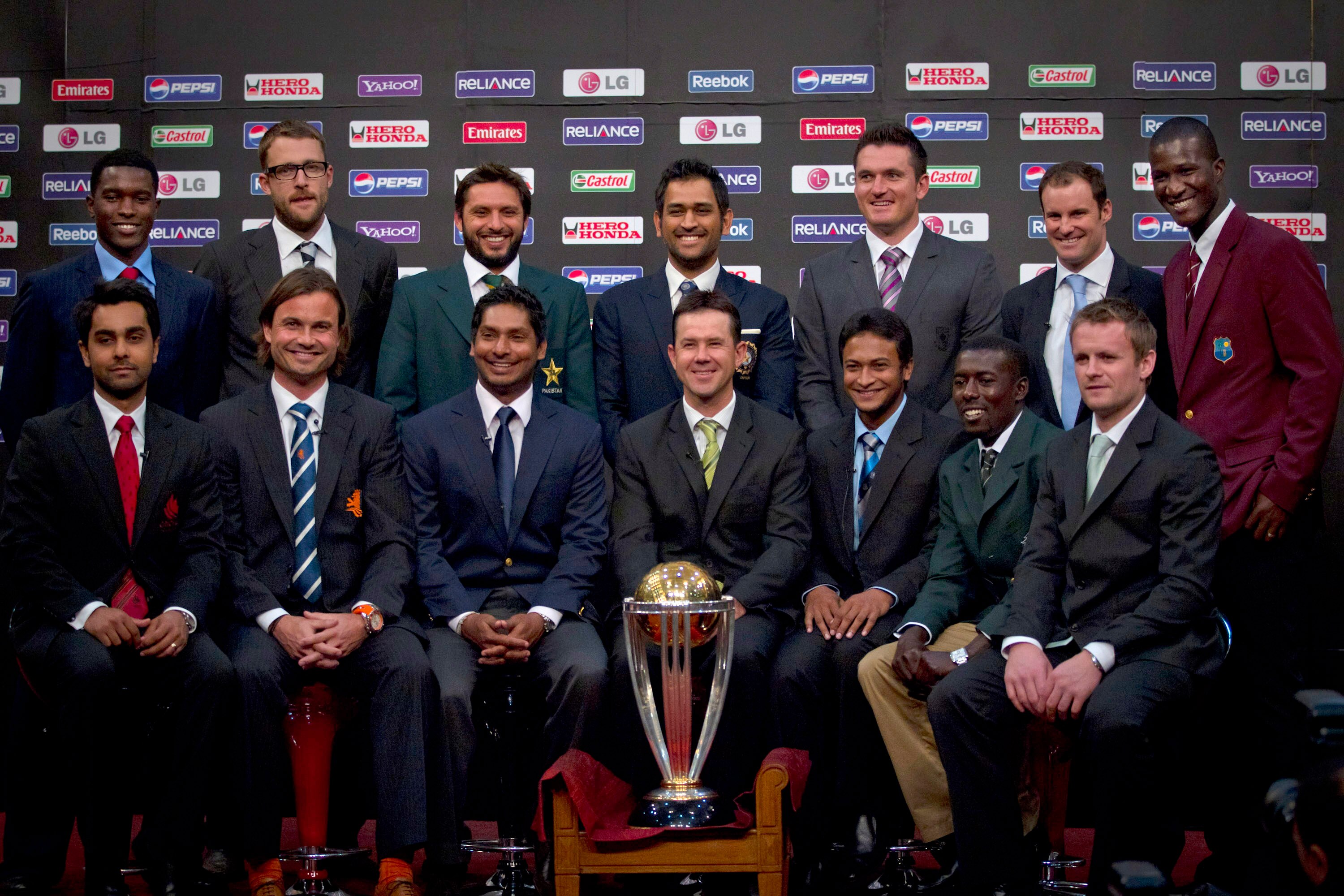 DHAKA, BHANGLADESH - FEBRUARY 17: (L-R) (Back row) Captains Elton Chigumburu of Zimbabwe, Daniel Vettori of New Zealand, Shahid Afridi of Pakistan, Mahendra Singh Dhoni of India, Graeme Smith of South Africa, Andrew Strauss of England, Darren Sammy of Wes
