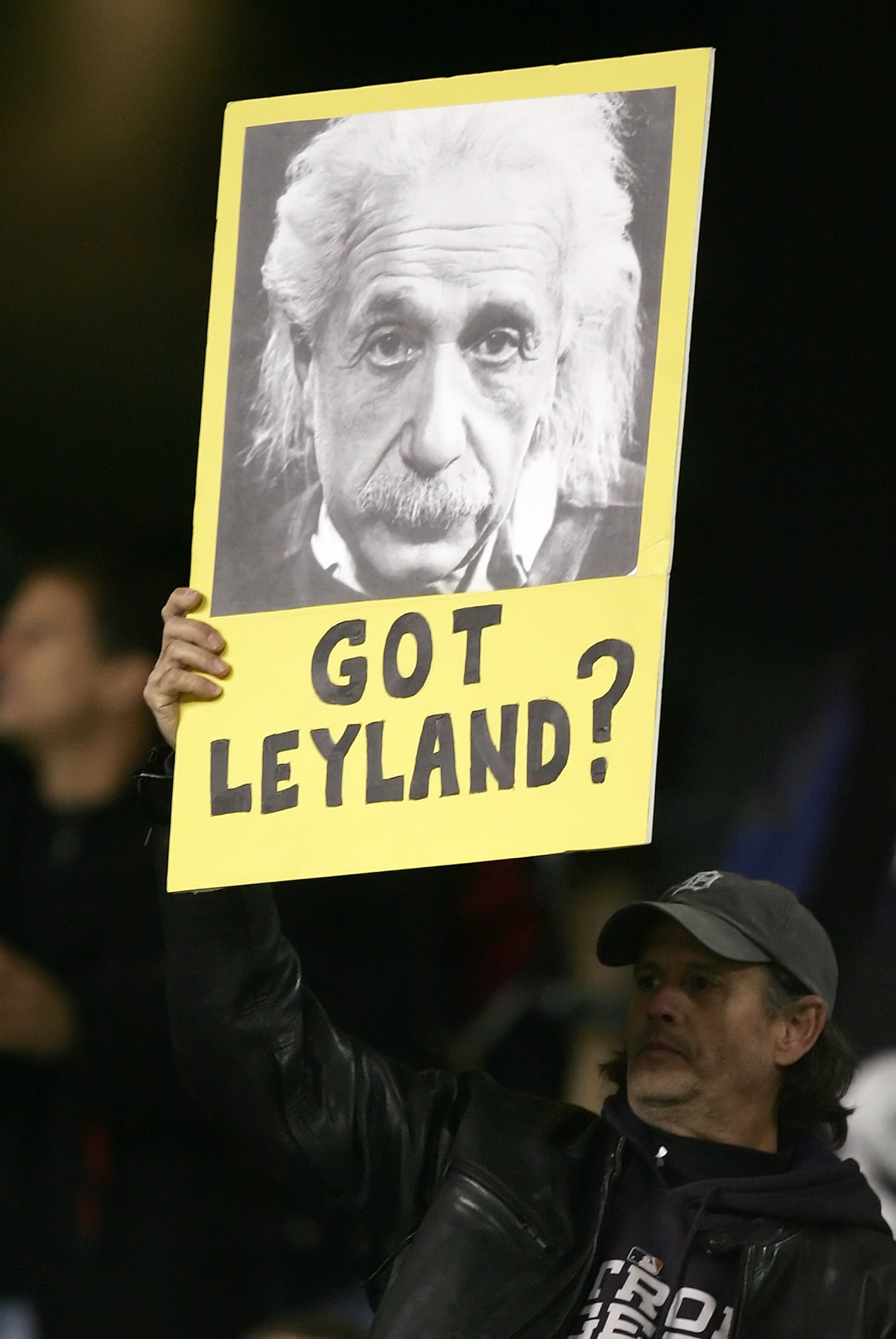 DETROIT - OCTOBER 13:  A fan of the Detroit Tigers holds up a sign that reads 'Got Leyland?' and has a likeness of Albert Einstein on is against the Oakland Athletics during Game Three of the American League Championship Series October 13, 2006 at Comeric