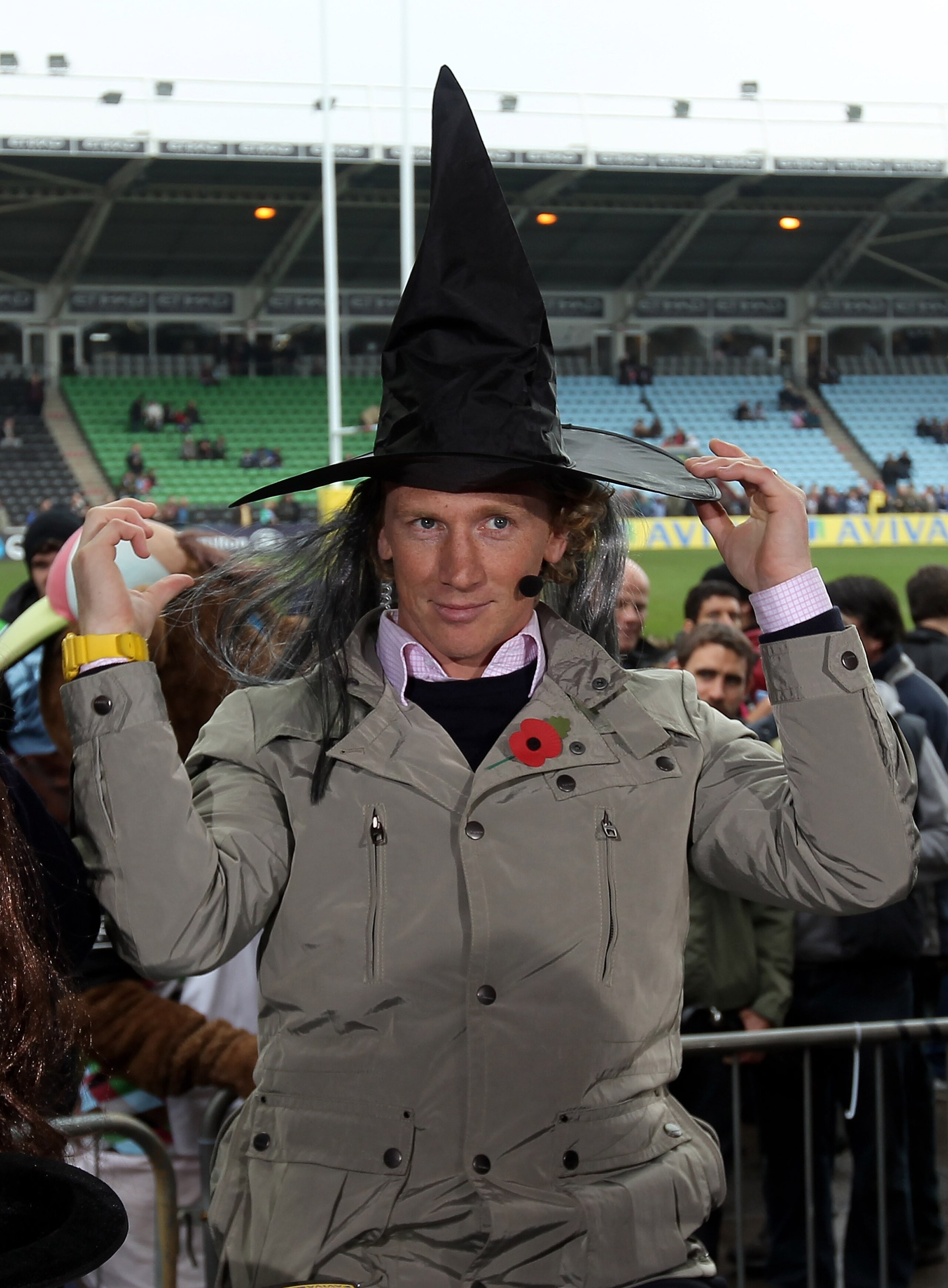 TWICKENHAM, ENGLAND - OCTOBER 31:   Pete Richards former England player now ESPN rugby pundit dresses up for Halloween during the Aviva Premiership match between Harlequins and Bath at the Stoop on October 31, 2010 in Twickenham, England.  (Photo by David